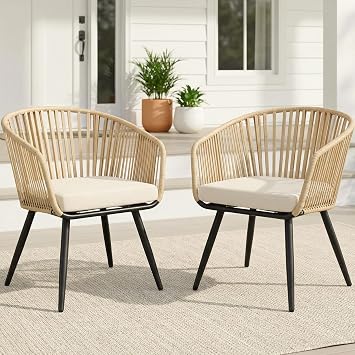 SWITTE Patio Dining Chairs Set of 2, Wicker Outdoor Dining Chairs with Thick Cushion, All-Weather Rattan Chairs for Indoor Balcony, Backyard, Porch, Garden, 350lbs Weight Capacity - Beige