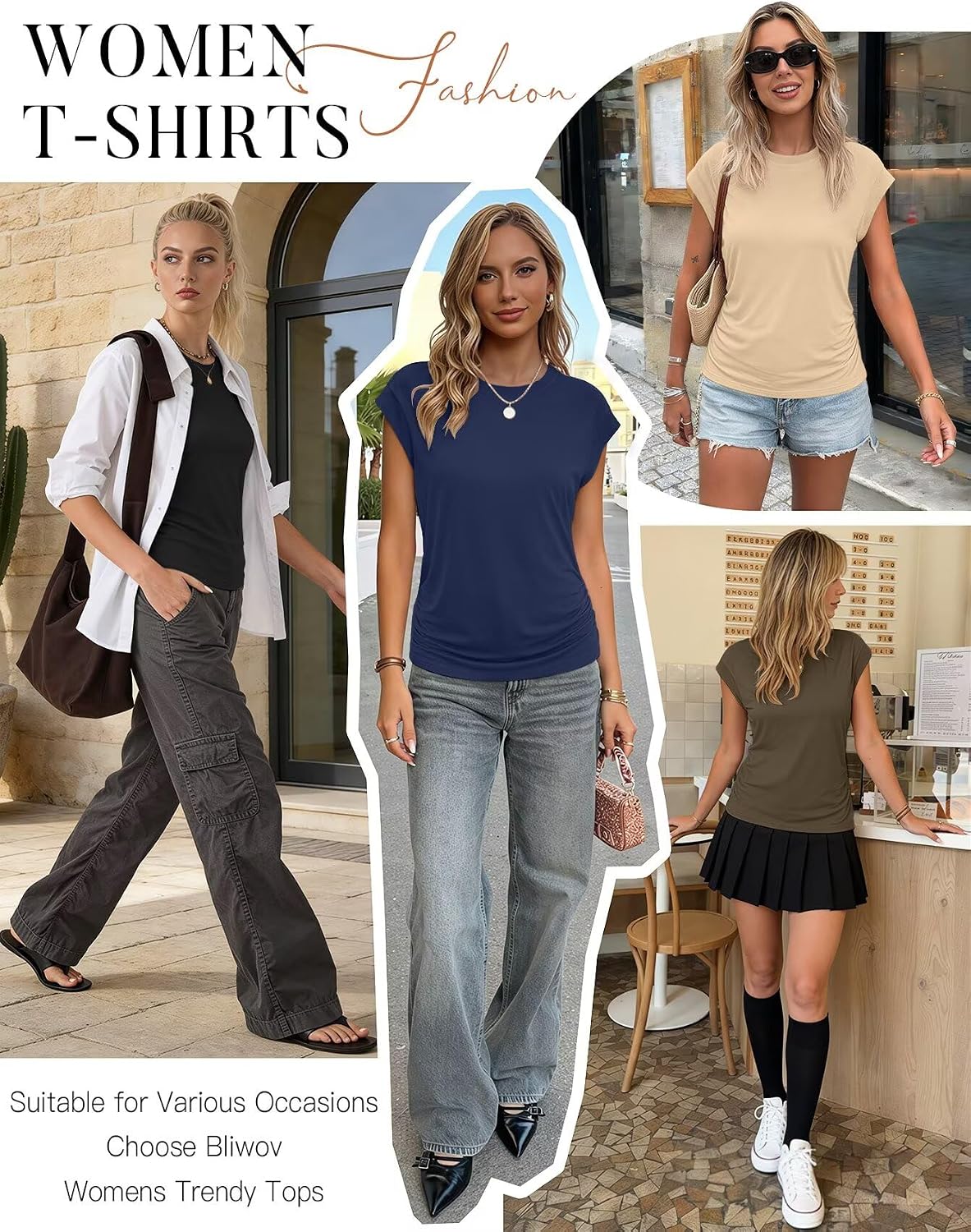 Bliwov Womens Summer Tops Cap Sleeve Crew Neck Casual T Shirts image 5