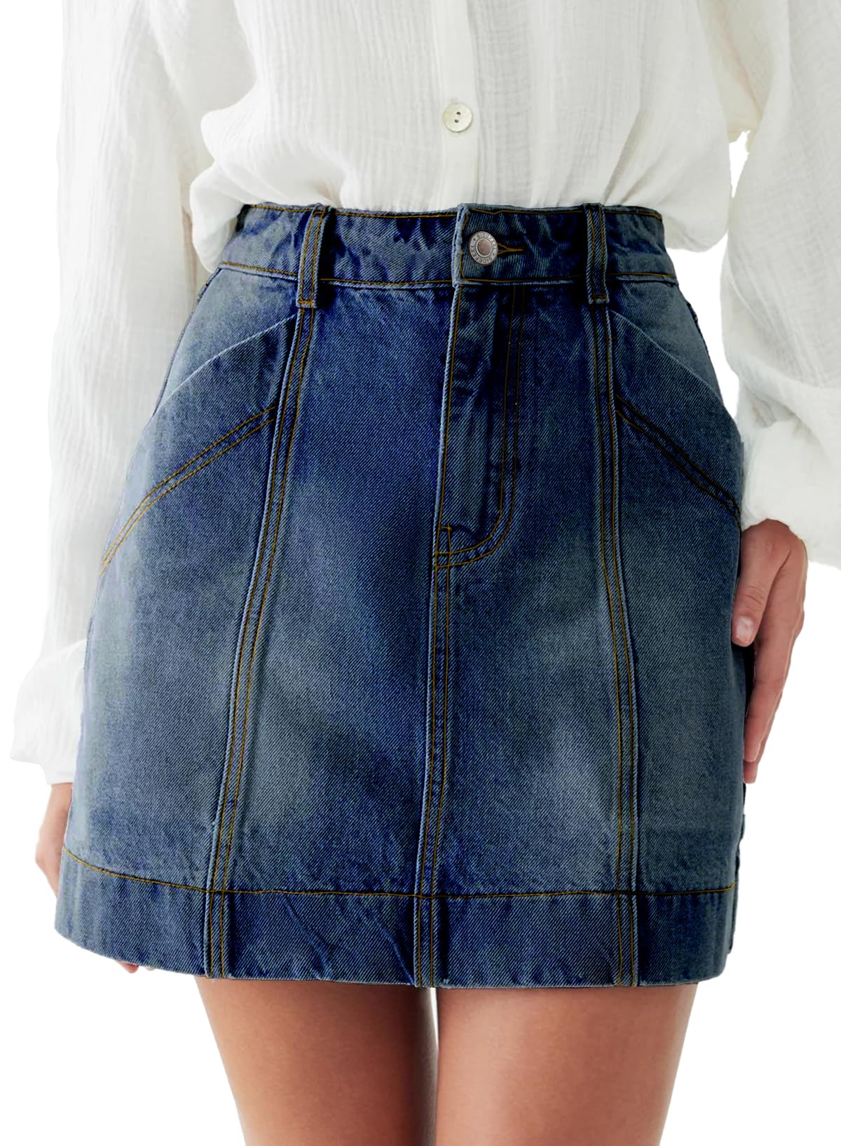 Sidefeel Womens Jean Skirt High Waisted Stretch Casual Trendy Front Seam Mini Denim Skirt with Pockets