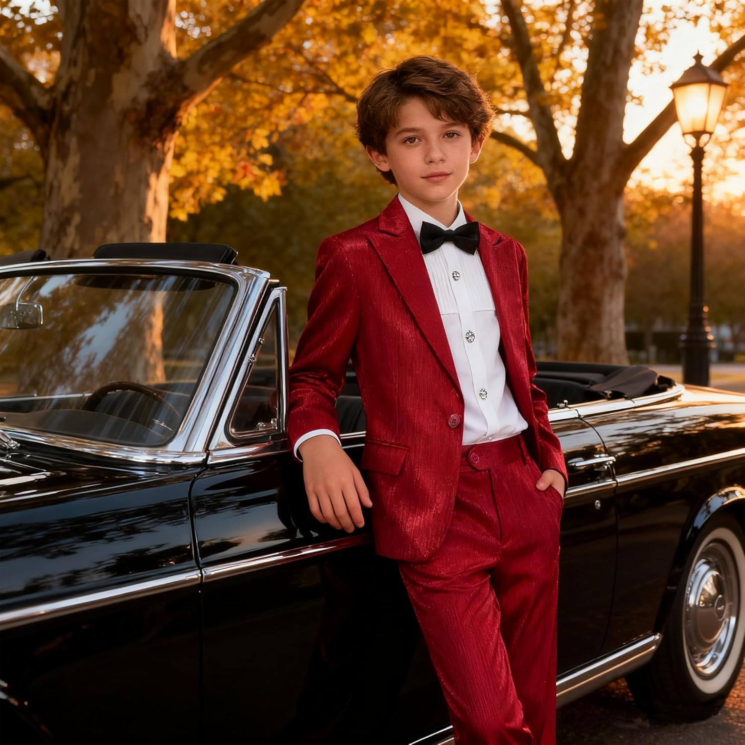 Lamgool Boys Velvet Suit Set Slim Fit Tuxedo Kids Formal Outfit 4 Piece with Blazer Jacket Shirt Pant Bow Tie for Wedding - Image 2