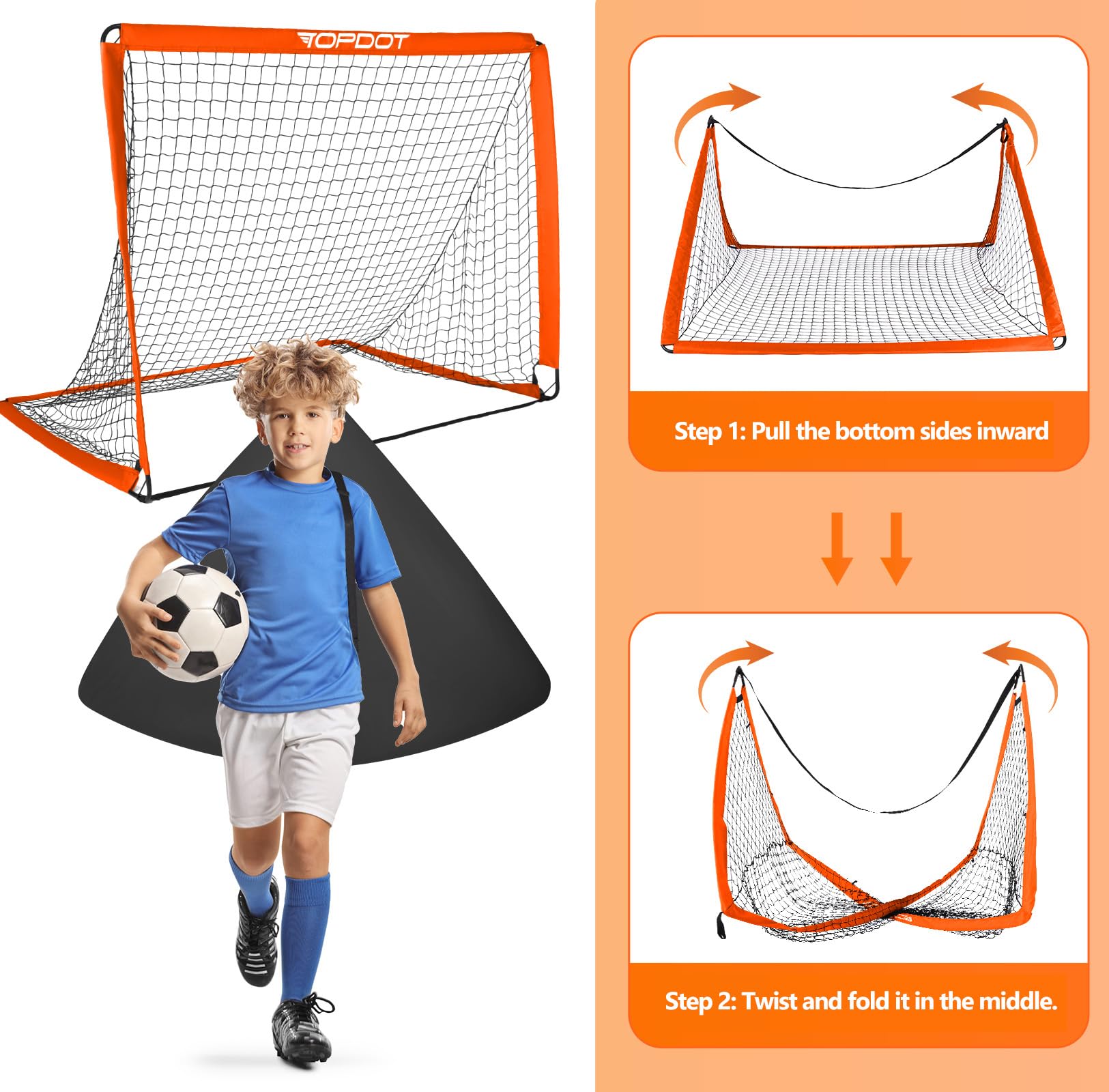 Topdot Porta da calcio per bambini, 2 in 1, pieghevole, per allenamento in cortile e giochi sportivi all'aria aperta, arancione, 150 × 120 cm