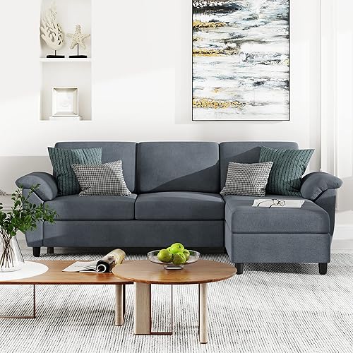 DALWI 79" Convertible Sectional Sofa Couch, 3 Seat L Shaped Sofa with Removable Pillows Linen Fabric Small Couch Mid Century for Living Room, Apartment and Office (Gray)