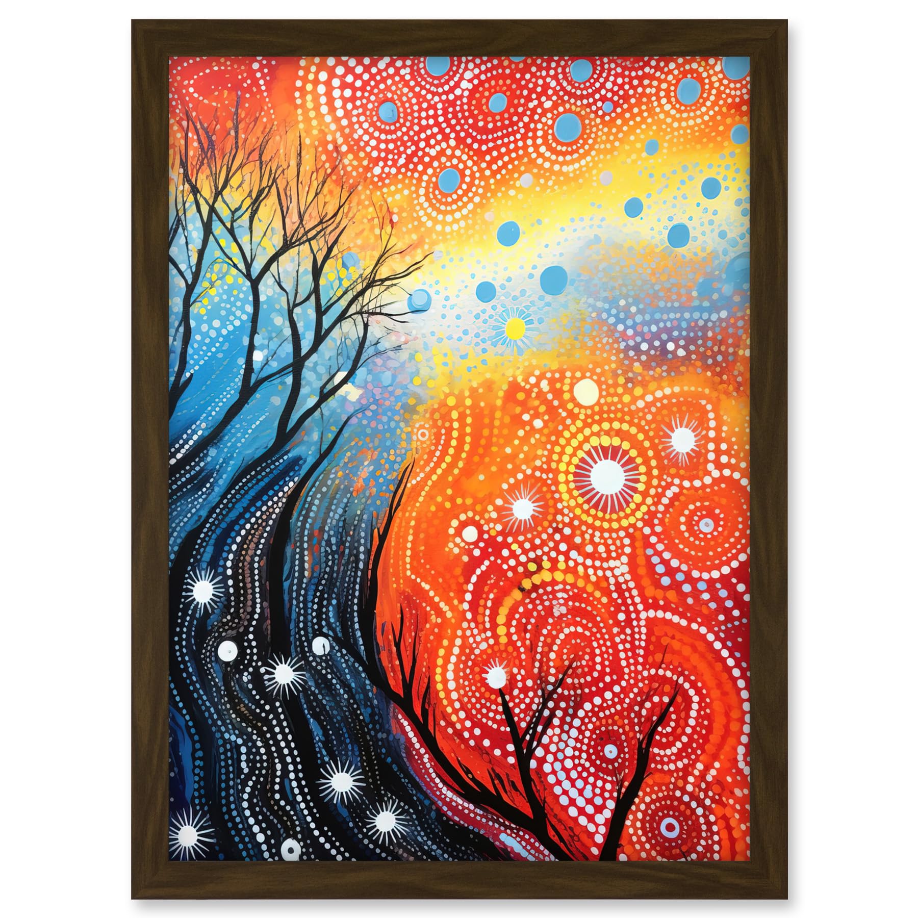 Artery8 Contemporary Aboriginal Artwork in Blue and Orange Vibrant Abstract Forest Trees and Stars Artwork Framed A3 Wall Art Print
