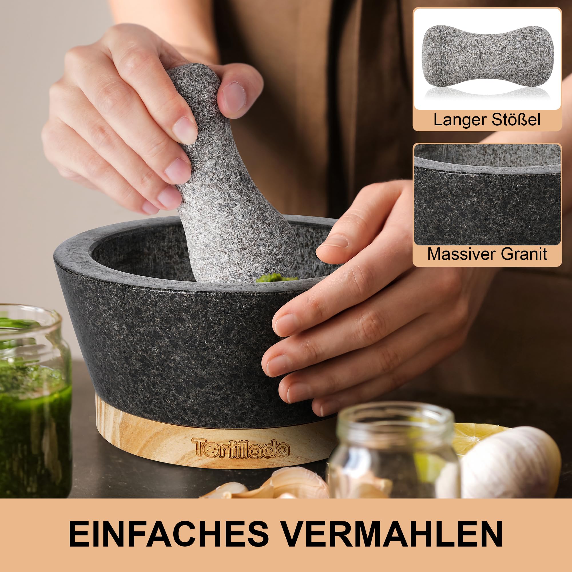 Tortillada - 16 cm XXL Mörser mit Stößel Holz Set groß aus Naturgranit mit kratzfestem Holzsockel Granit - Gewürzmühle geeignet für Gewürze, Nüsse und Kräuter mit 50 Rezepten, schwarz