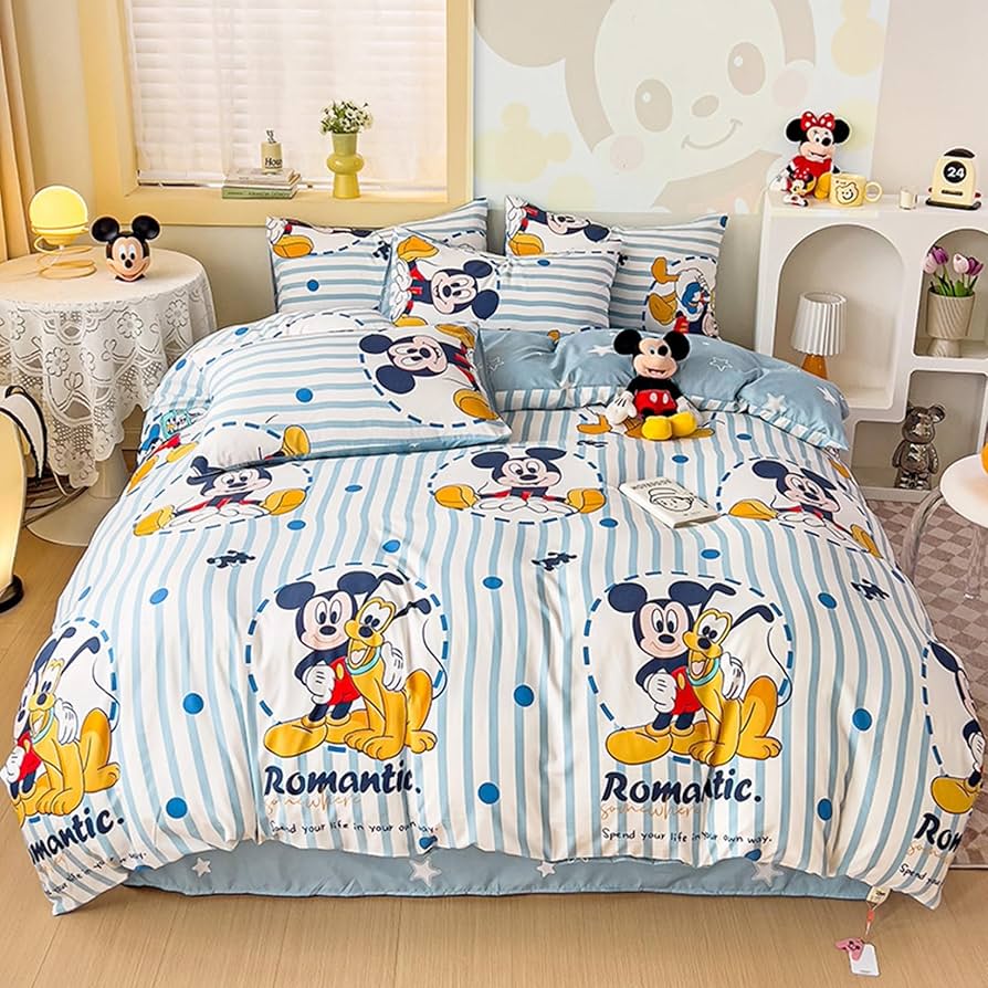 Disney ミッキー 掛け＆敷ふとんカバー 150x200cmシングル青