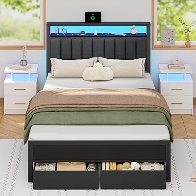 Furnulem Queen Bed Frame with Charging Station and LED Lights, Grey Upholstered Headboard with Shelves, Metal Platform Bed with 2 Under-Bed Storage (Fabric Drawer on Wheels), No Box Spring Needed