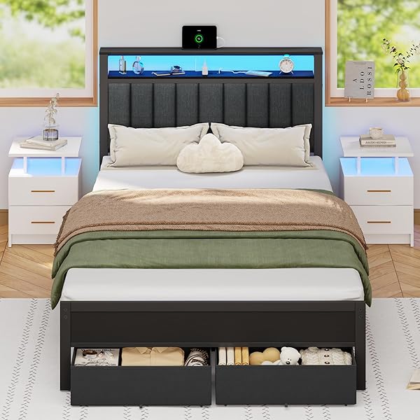 Furnulem Queen Bed Frame with Charging Station and LED Lights, Grey Upholstered Headboard with Shelves, Metal Platform Bed with 2 Under-Bed Storage (Fabric Drawer on Wheels), No Box Spring Needed