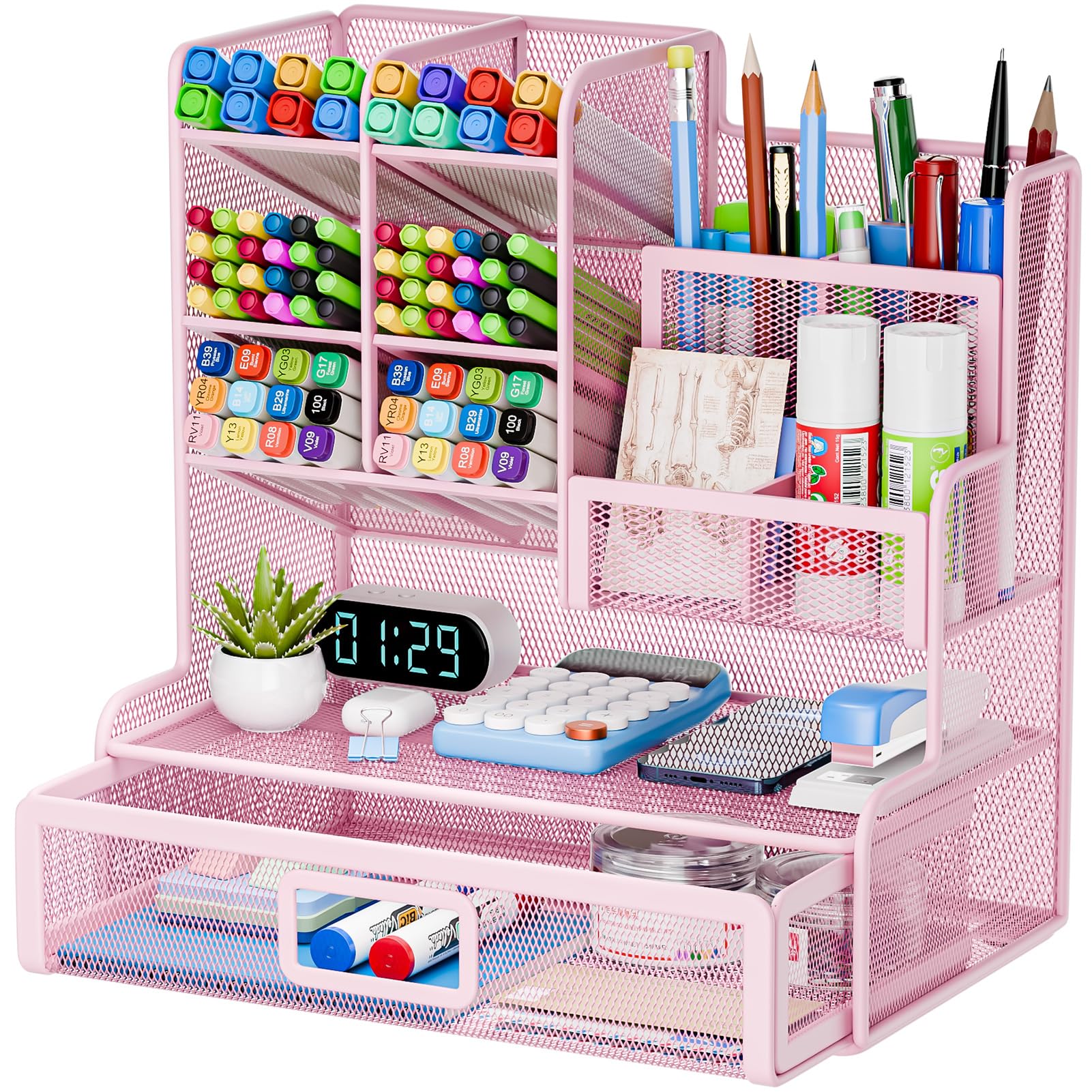 Portapenne da Scrivania, Organizer Scrivania in Rete, Organizer per Cancelleria, Portapenne Multifunzionale con cassetto per casa e ufficio (rosa)