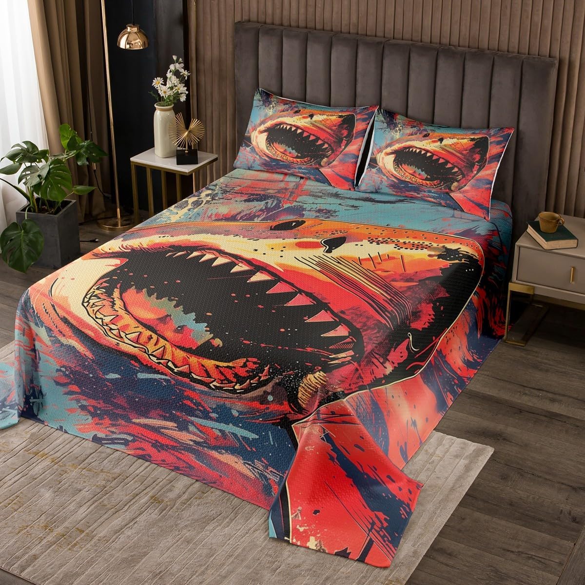 Shark Bedspread Twin Size,Fish Underwater Animal Coral Bedding Set for Kids Boys Girls Room Decor,Sealife Ocean Theme Blue Coverlet Set 2Pcs,Sea Adventure Colorful Fish Quilt,1 Pillowcase