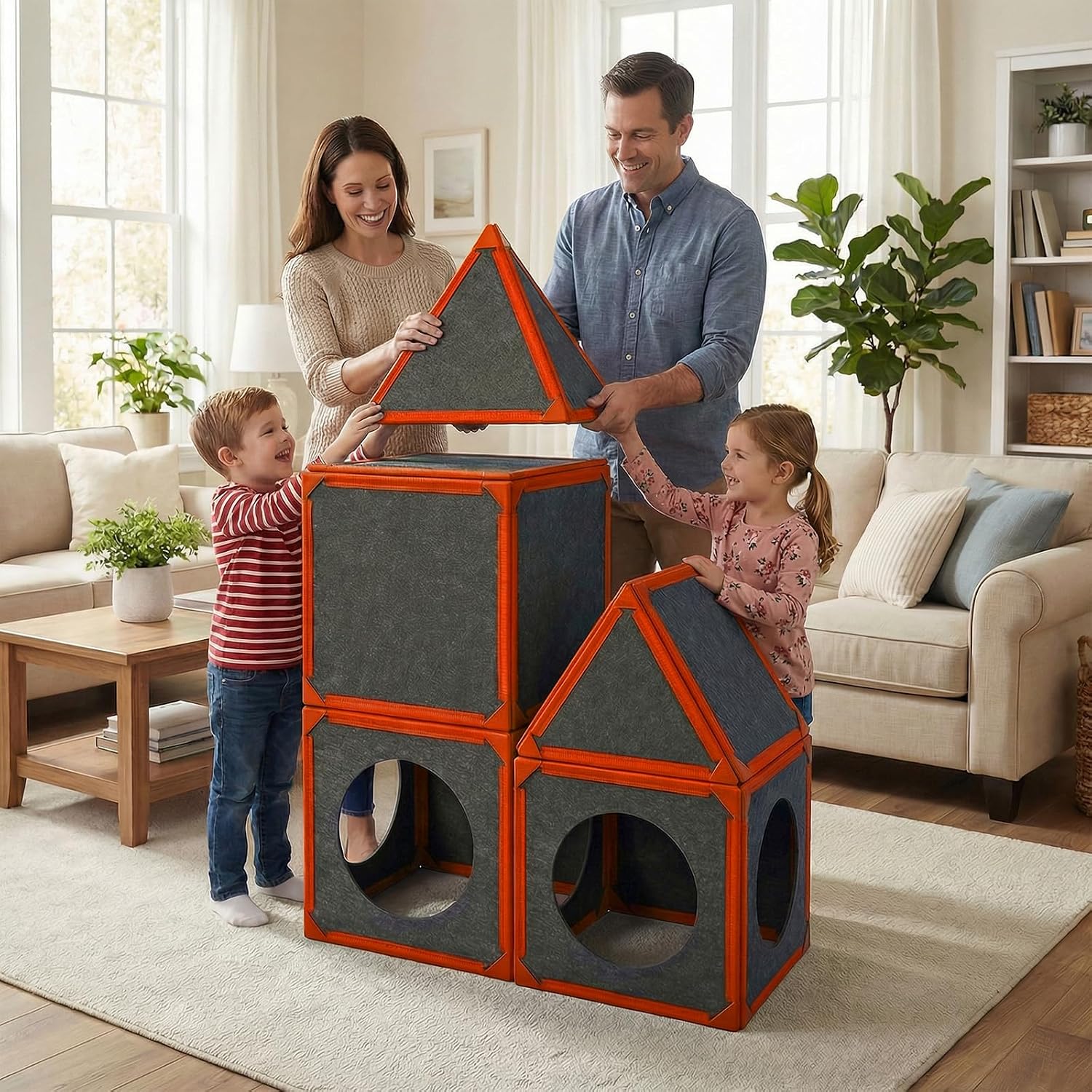 16-Piece Magnetic Fort Building Panels for Kids - Bright Orange, Creative STEM Building Blocks Kit for Indoor Playhouse, Tunnels & Structures