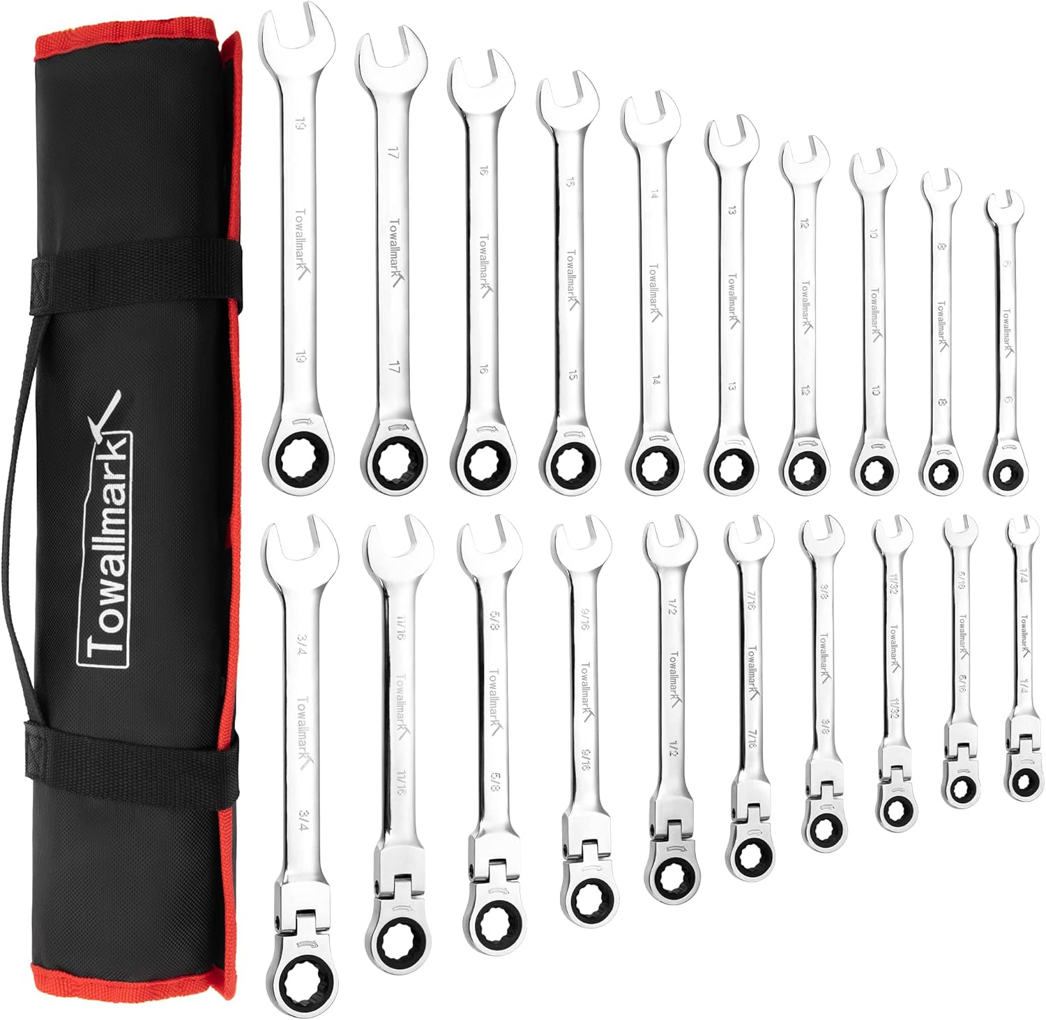 Towallmark 20-Piece Ratcheting Combination Wrench Set, Combo Ratchet Wrenches Set, 72 Teeth, SAE 1/4-3/4"& Metric 6-19mm, Chrome Vanadium Steel with Storage Bag