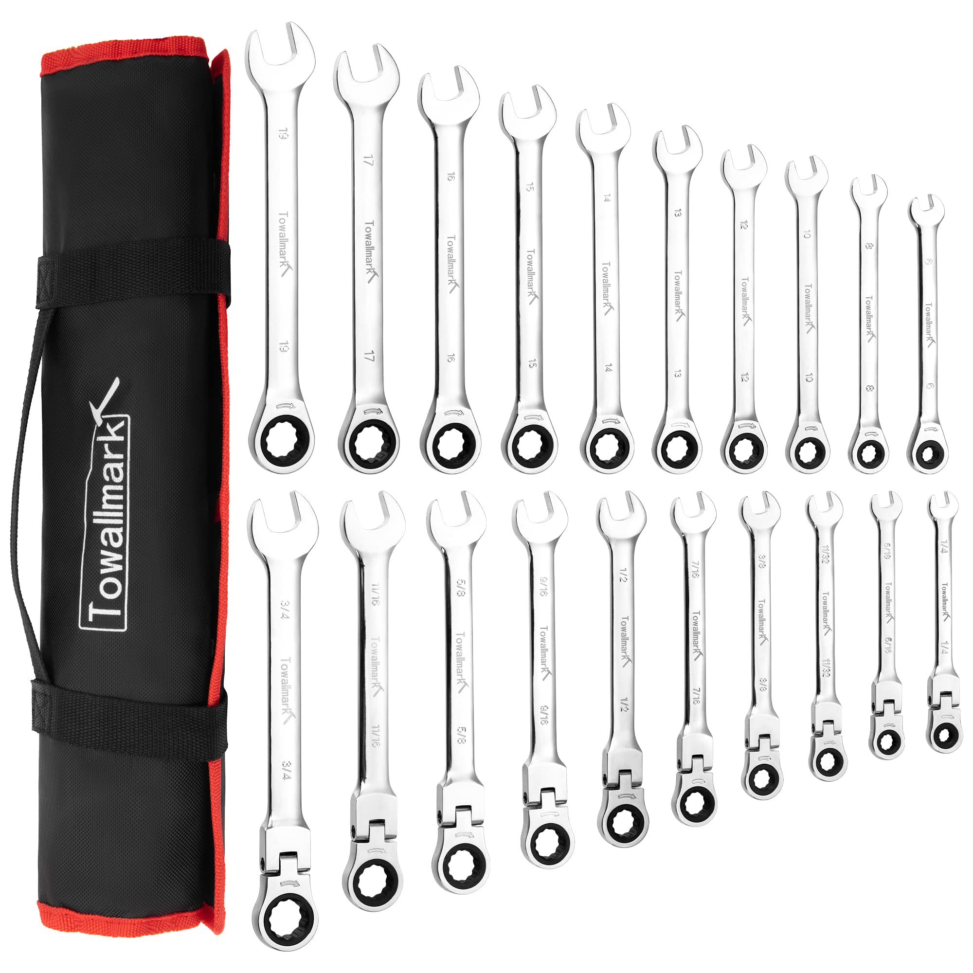 Towallmark 20-Piece Ratcheting Combination Wrench Set, Combo Ratchet Wrenches Set, 72 Teeth, SAE 1/4-3/4"& Metric 6-19mm, Chrome Vanadium Steel with Storage Bag