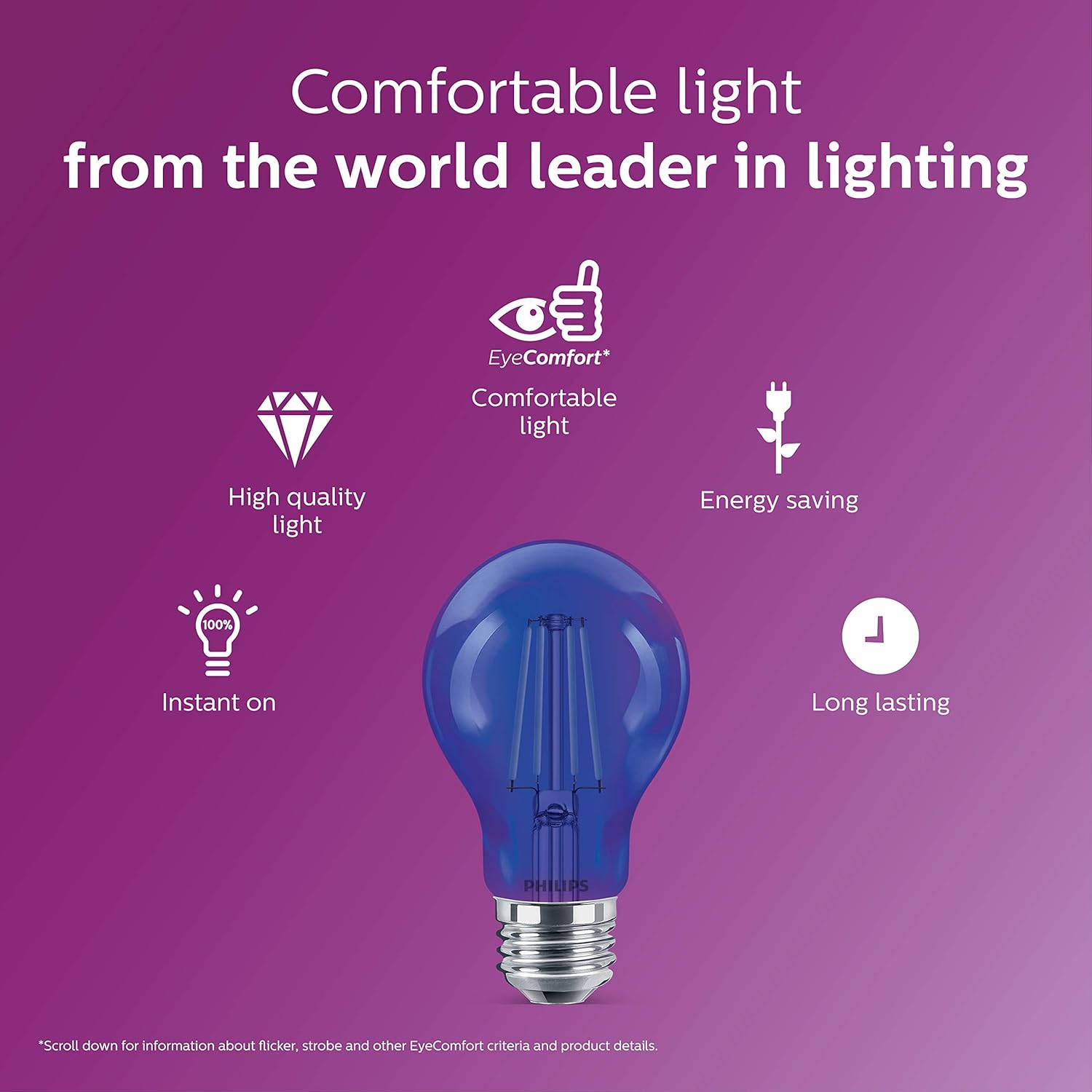 Philips LED 538231 A19 Party Bulbs: Filament Glass, 4-Watt (40-Watt Equivalent), E26 Medium Screw Base, Blue Light, 6-Pack