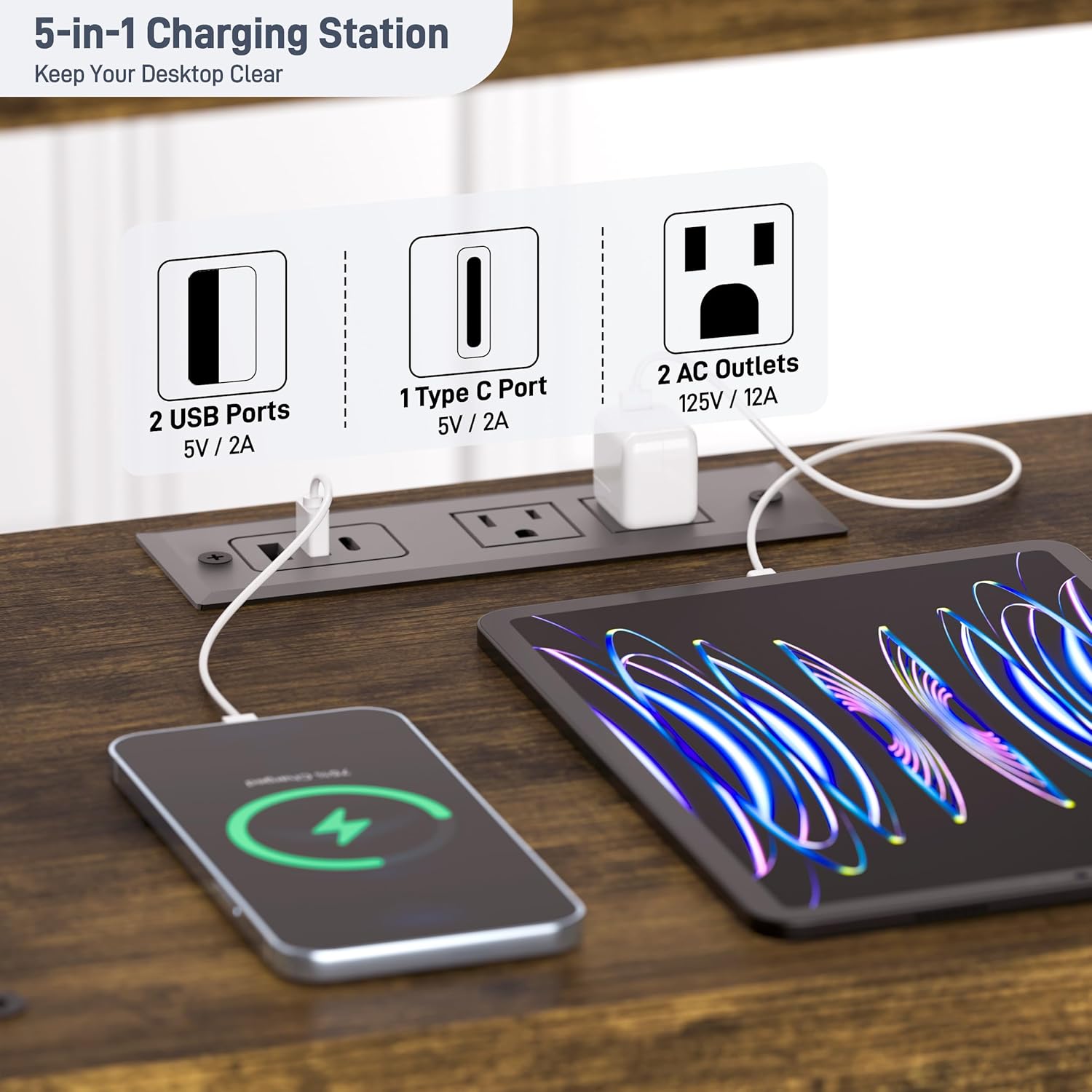 Wooden Nightstand with Lock, Bedside Table with Drawer, Bed Side Table with Charging Station, 3 USB & 2 Outlets, Night Stand with Storage Cabinet, End Table for Bedroom, Brown