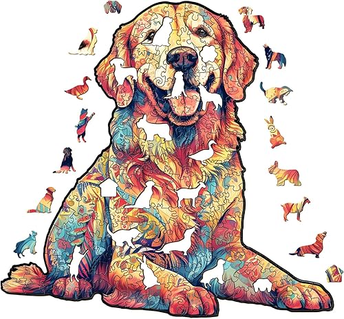 Miniatura 3 de Rompecabezas de madera, rompecabezas de perro Golden Retriever leal, 12.5 x 11.9 pulgadas, 200 piezas, rompecabezas de forma única de animales,