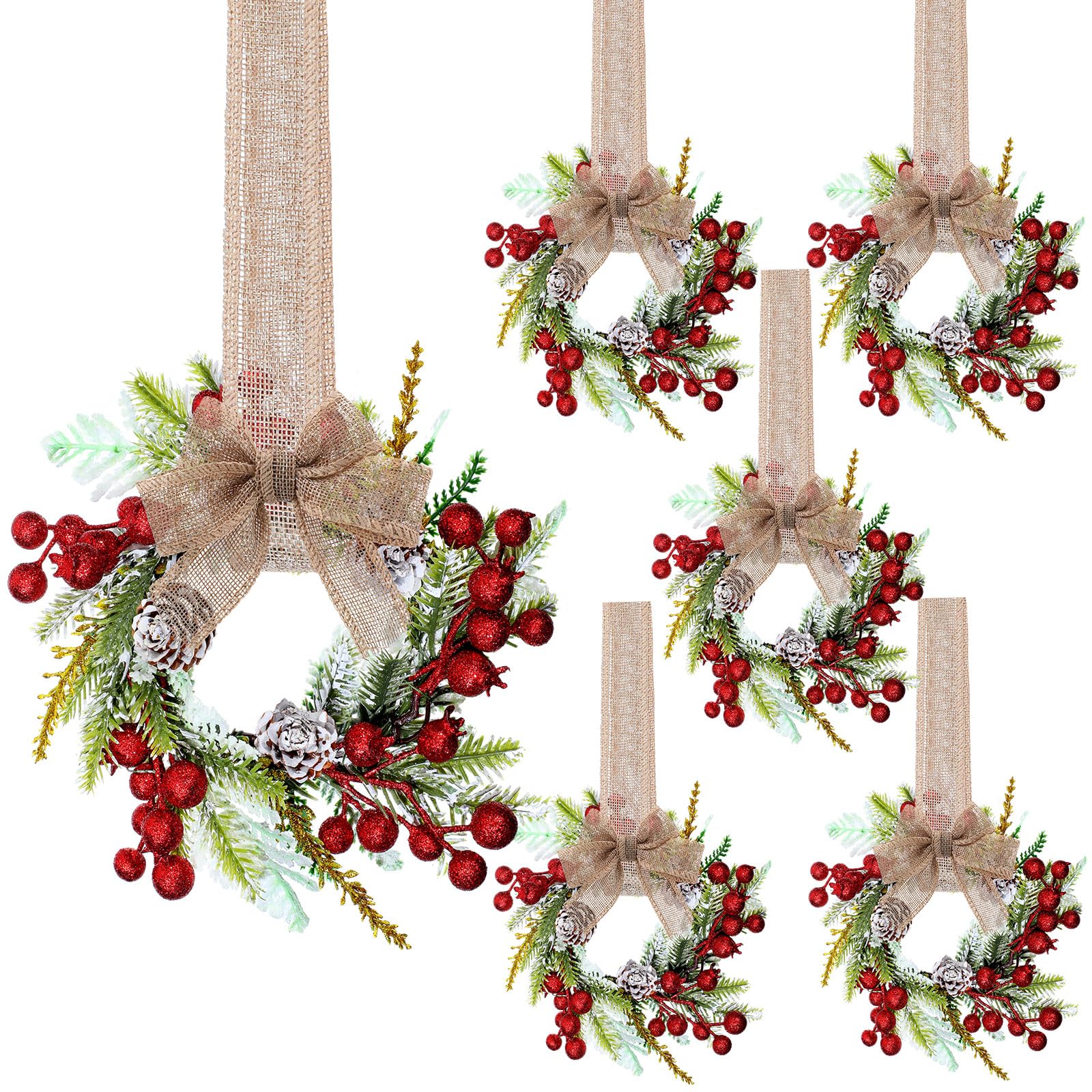 Zeyune 6 Set 9'' Mini Christmas Wreaths for Cabinets Small Christmas Wreaths with Burlap Ribbon and Red Berry Rustic Farmhouse for Kitchen Wall Window