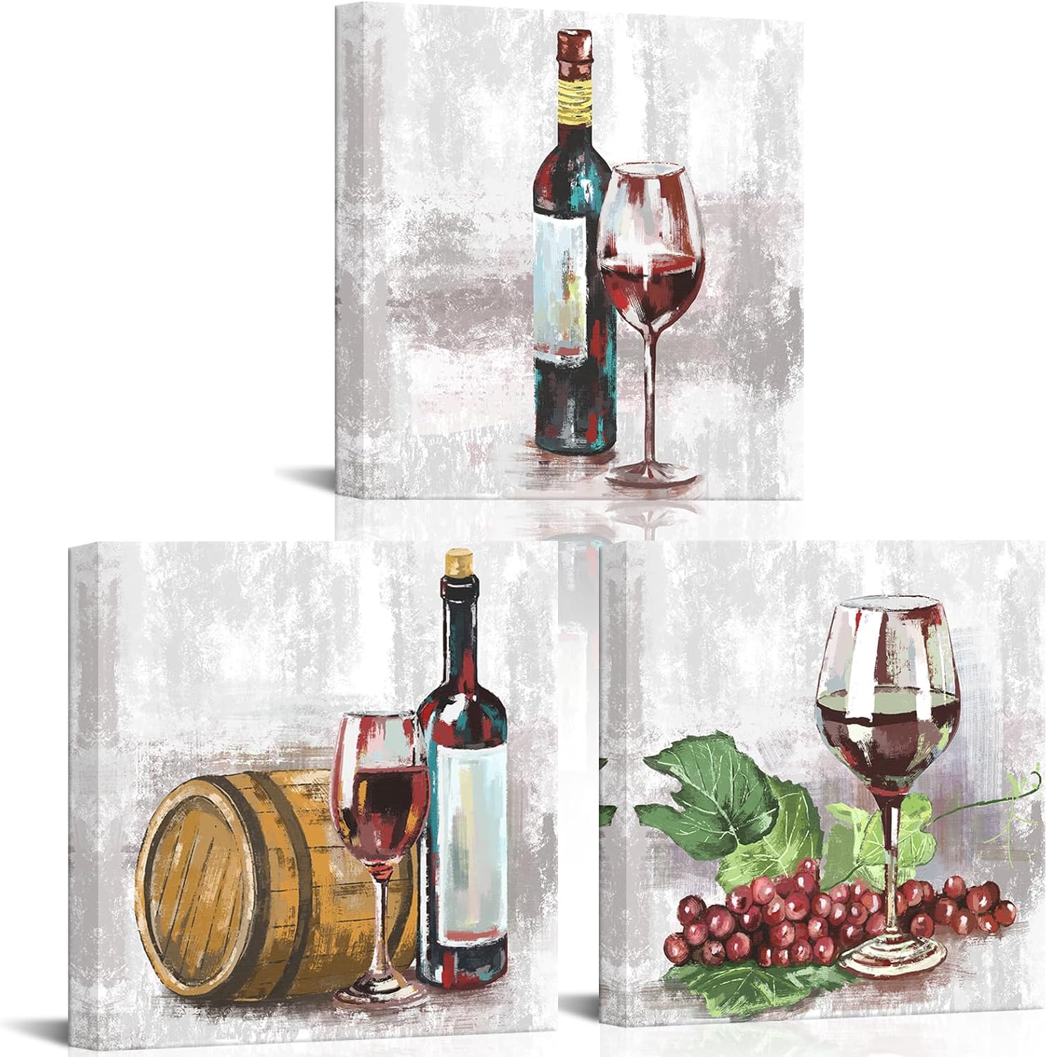 VANSEEING 3 Panels Kitchen Wall Art Red Wine Barrel Painting Picture Poster Print on Canvas Vintage Farmhouse Theme Wall Decor for Home Dining Room Bar Ready to Hang 12"x12"x3PCS