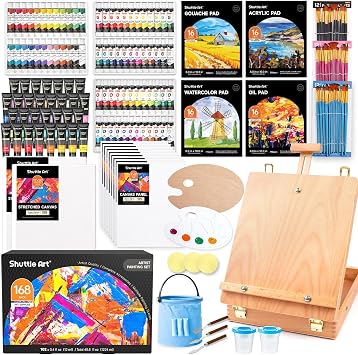 Shuttle Art 168 Pcs Artist Painting Kit, Deluxe Art Kit with Paint, Wooden Easel, Canvases, Paper Pads, Brushes and Other Art Supplies for Adults, Kids and Artists