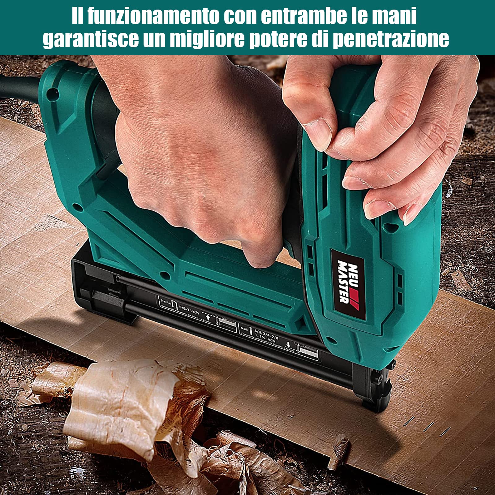 Sparachiodi Elettrica - NEU MASTER Graffettatrice con 200 Graffe e 800 punti Chiodi, Preselezione Elettronica della forza di impatto, Naso di sicurezza,cavo di Alimentazione extra lungo 2 m