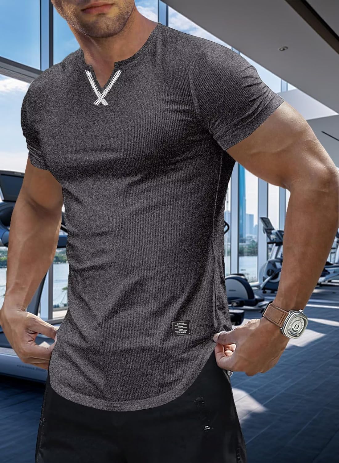 Men's Muscle Shirt V Neck Slim Longline Short Sleeve Henley Shirt Gym Workout Athletic Tees Mens Tights for Sports