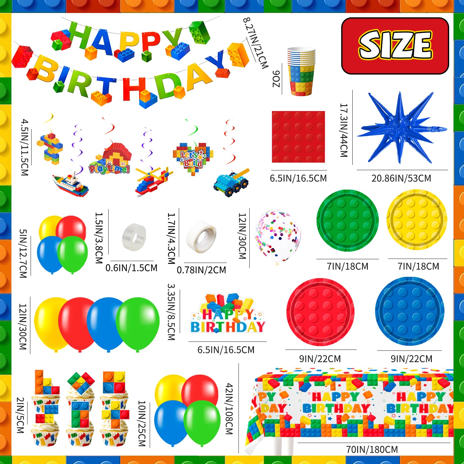 Blocchi di Costruzione Forniture per Feste,114 Pezzi Building Block Decorazione per Feste Set Banner di Compleanno Building Block Tovaglia Piatti Palloncini etc Forniture per Feste Building Blocks