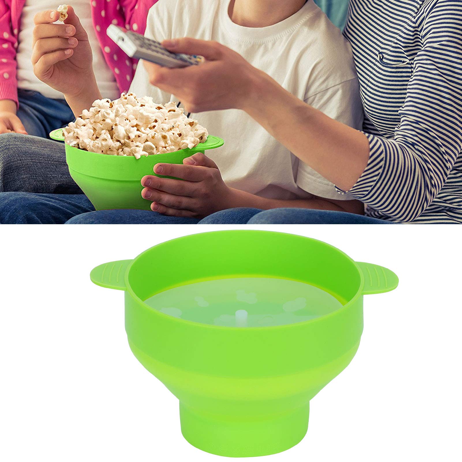 Cubo plegable de silicona para hacer palomitas de maíz con tapa, accesorio de cocina, apto para microondas, plegable, para uso doméstico y de oficina (With handle-green)