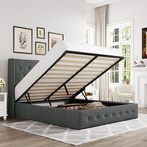 Miniatura 21 de Allewie Cama de almacenamiento elevable tamaño Queen, cabecera moderna con respaldo alado, soporte hidráulico, no necesita somier, color beige claro