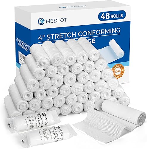 LotFancy Rollos de gasa, 48 unidades, 4 pulgadas x 4.1 yardas, envoltura de gasa enrollada, vendaje elástico para el cuidado de heridas, suministros