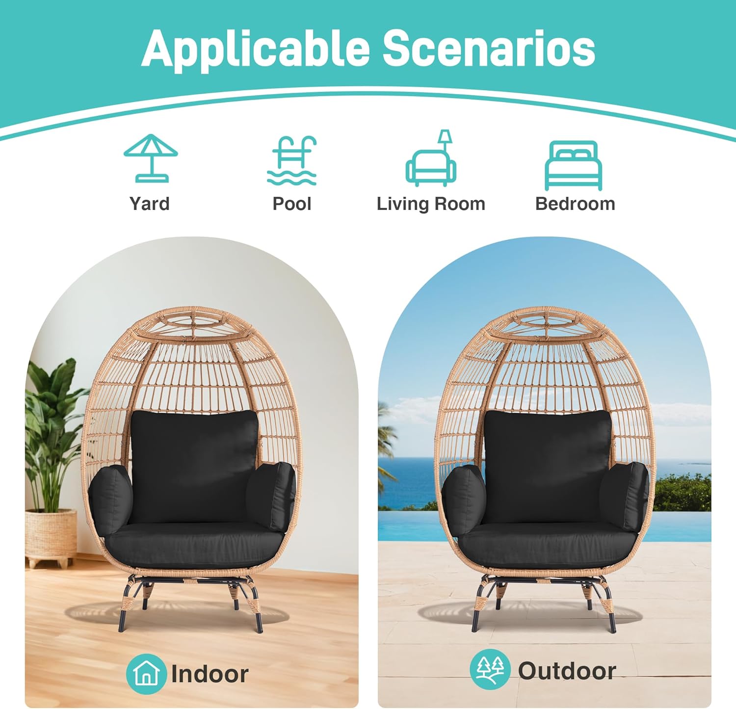 Outdoor Egg Chair, PE Wicker Chair 440 lbs Capacity, Patio Chairs with 4 Thicken Cushions, Oversized Lounge Chairs with Durable Steel Frame Perfect for Balcony, Backyard, Bedroom-Black