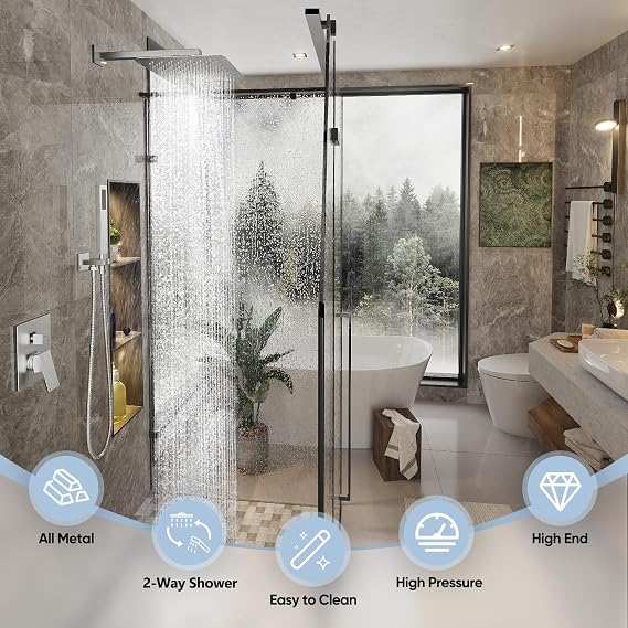 Gabrylly Rain Shower Head with Handheld Spray Combo, 10, Brushed Nickel
