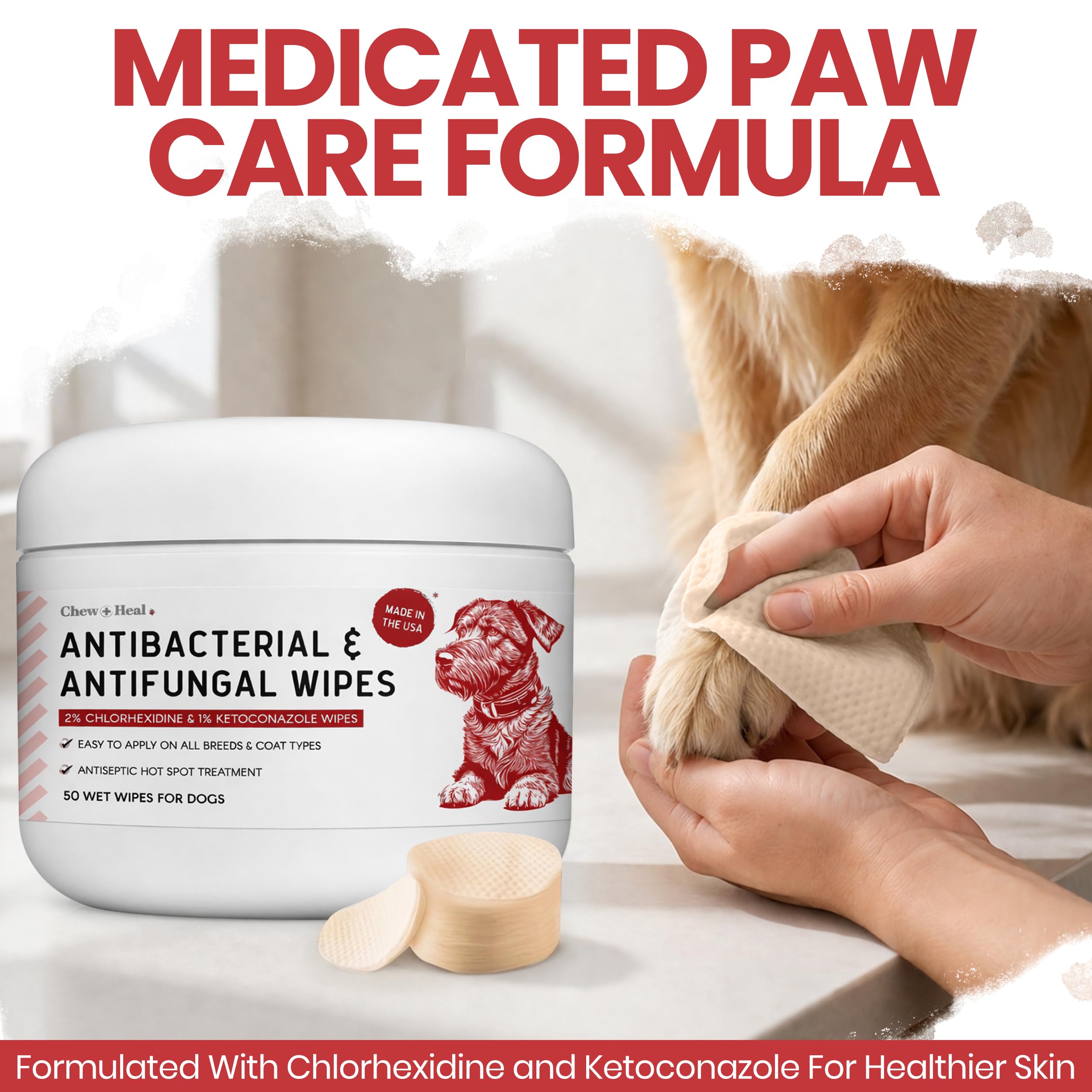 Lot de 100 lingettes antibactériennes pour pattes de chien – Lingettes antifongiques pour chiens | Contient 2 % de chlorhexidine et 1 % de kétoconazole – Bon pour toutes les races – Fabriqué aux États-Unis