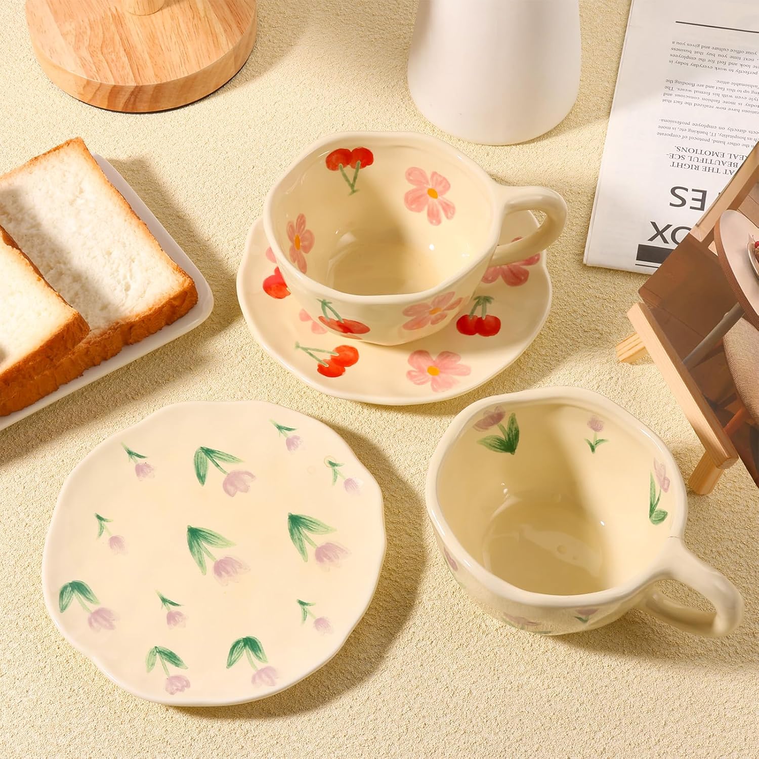 Cappuccino Cup with Saucers Set of 2 Ceramics Coffee Mugs 8 oz Latte Art Cup Vintage Aesthetic Flower Barista Cups for Americano, Tea, Espresso,Mocha, Milk - Microwave and Dishwasher Safe