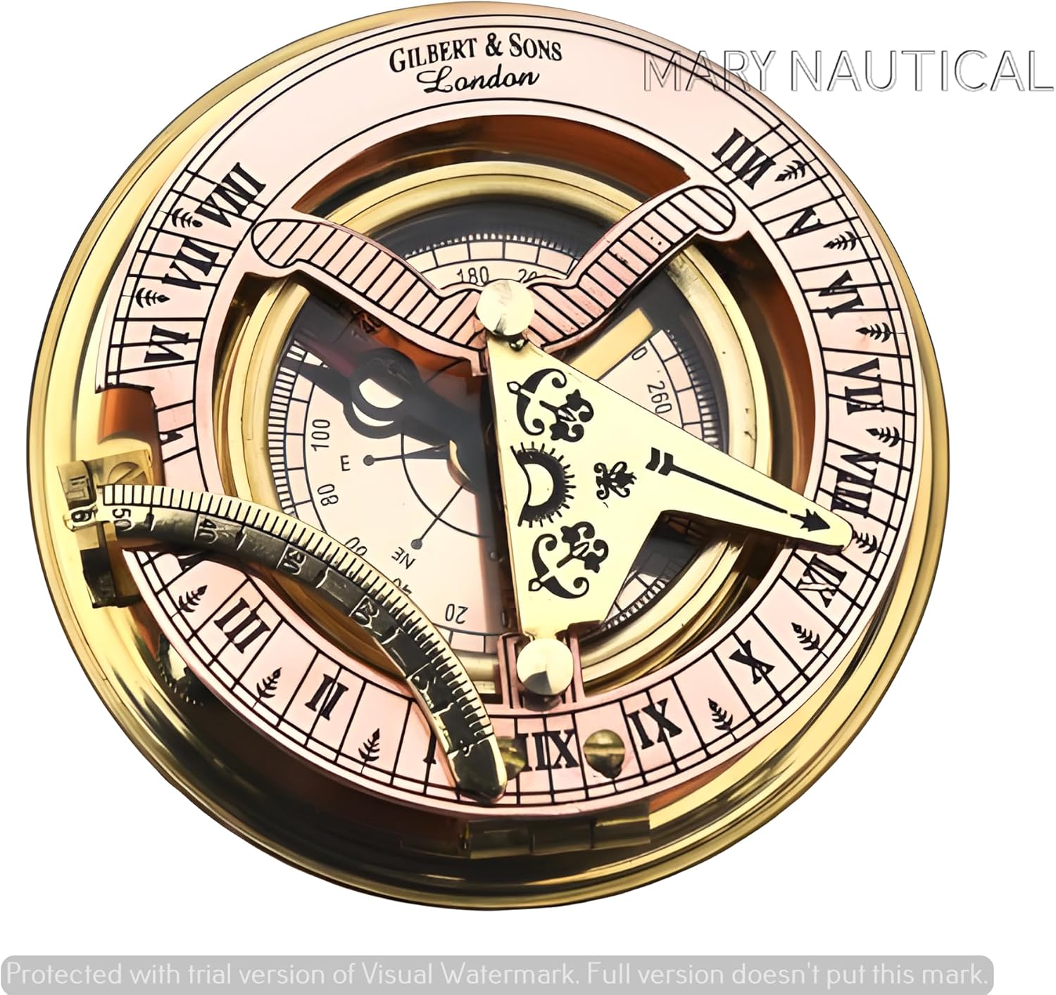 Vintage Brass & Copper Sundial Compass, Sundial Clock in Box Gift Sun Clock Ship Antique Replica Watch.