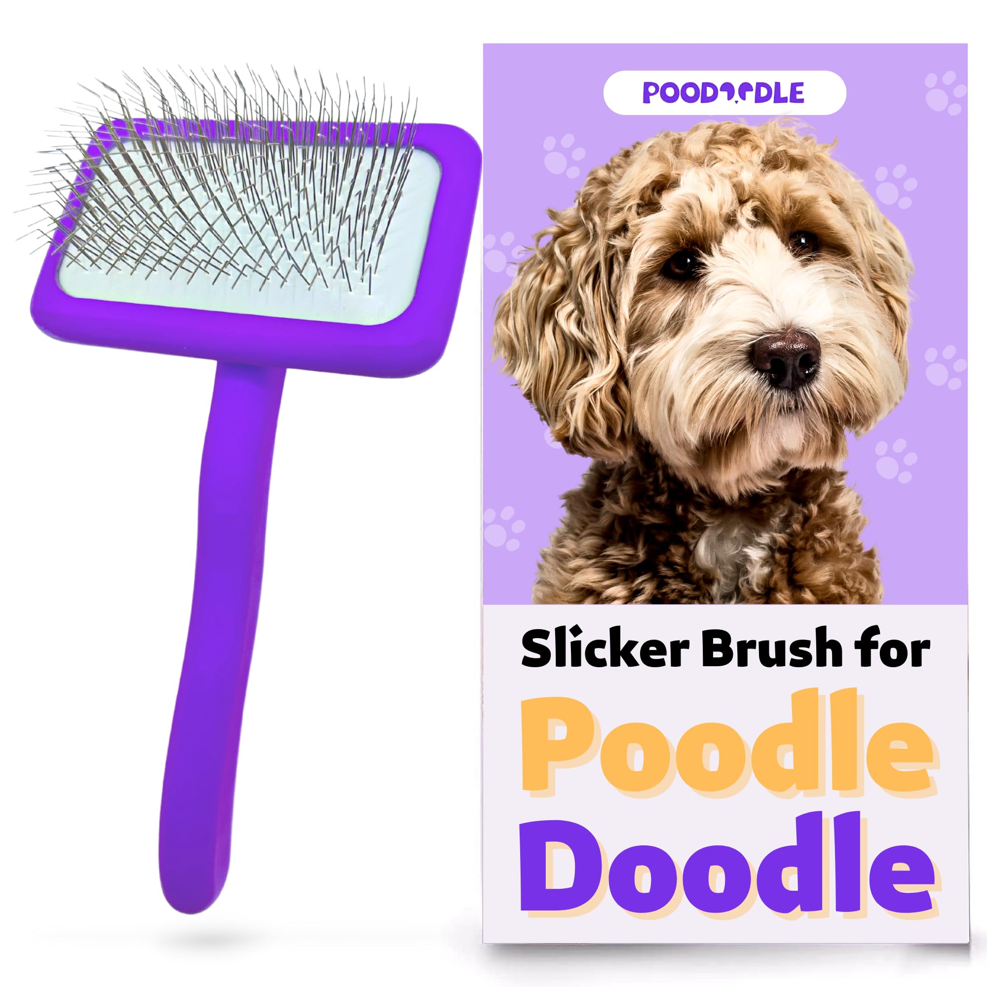 Poodoodle Slicker Brush for Poodles & Doodles, Long Pin Wood Dog Brush for Poodles