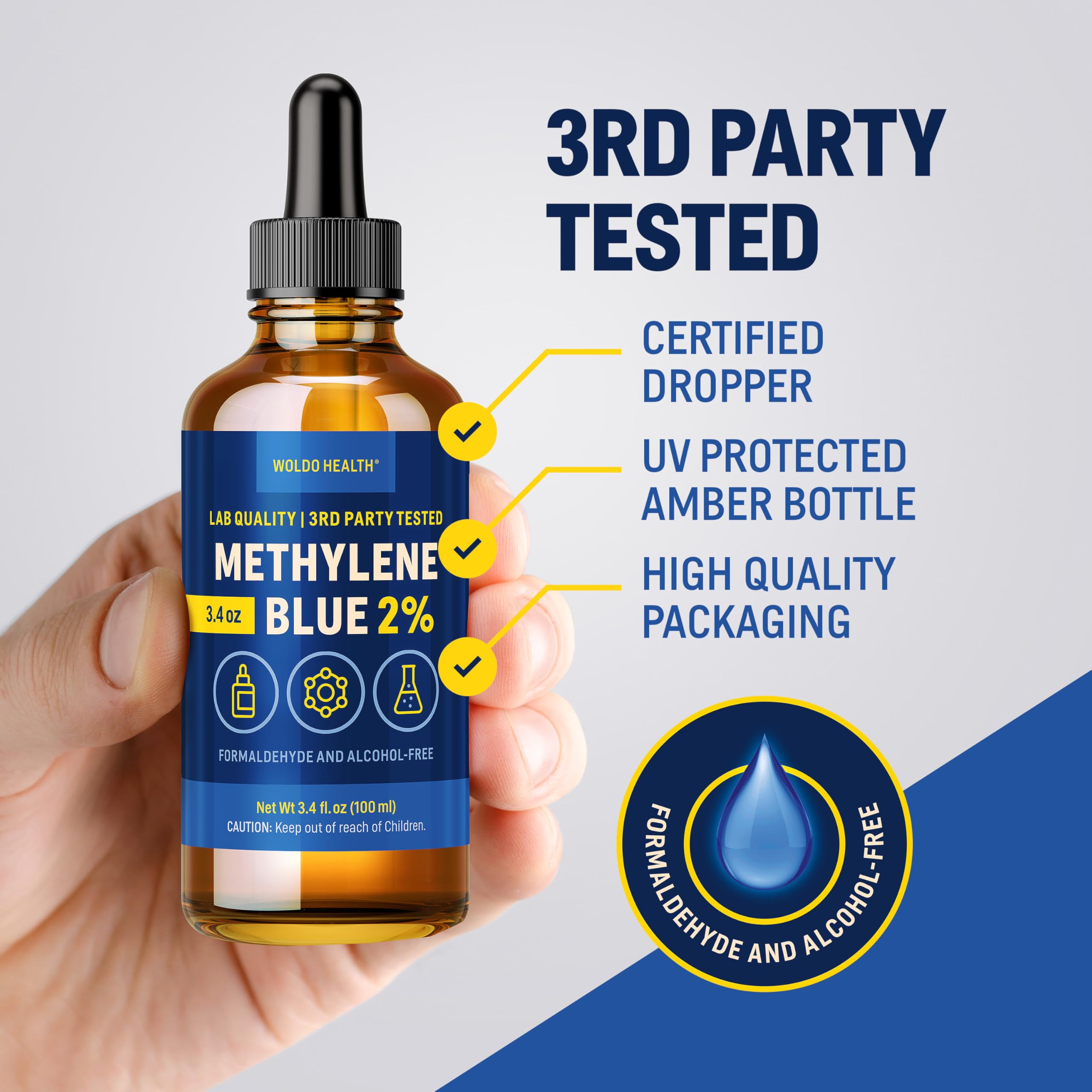 Bleu de méthylène 2 % de qualité pharmaceutique avec pipette 100 ml – Sans formaldéhyde, sans alcool, protégé de la lumière, pureté de laboratoire