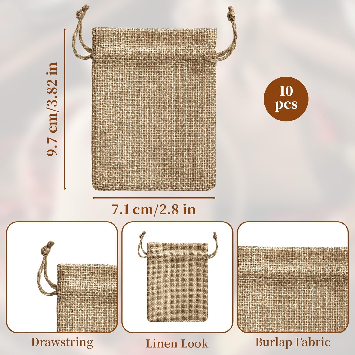 Asofelk 10 PCS Small Burlap Gift Bags with Drawstring, 7x9cm Brown Linen Favor Pouches, Mini Burlap Sacks & Drawstring Gift Bags, Small Drawstring Burlap Gift Bags for Jewelry Storage, Party Favors - Image 2