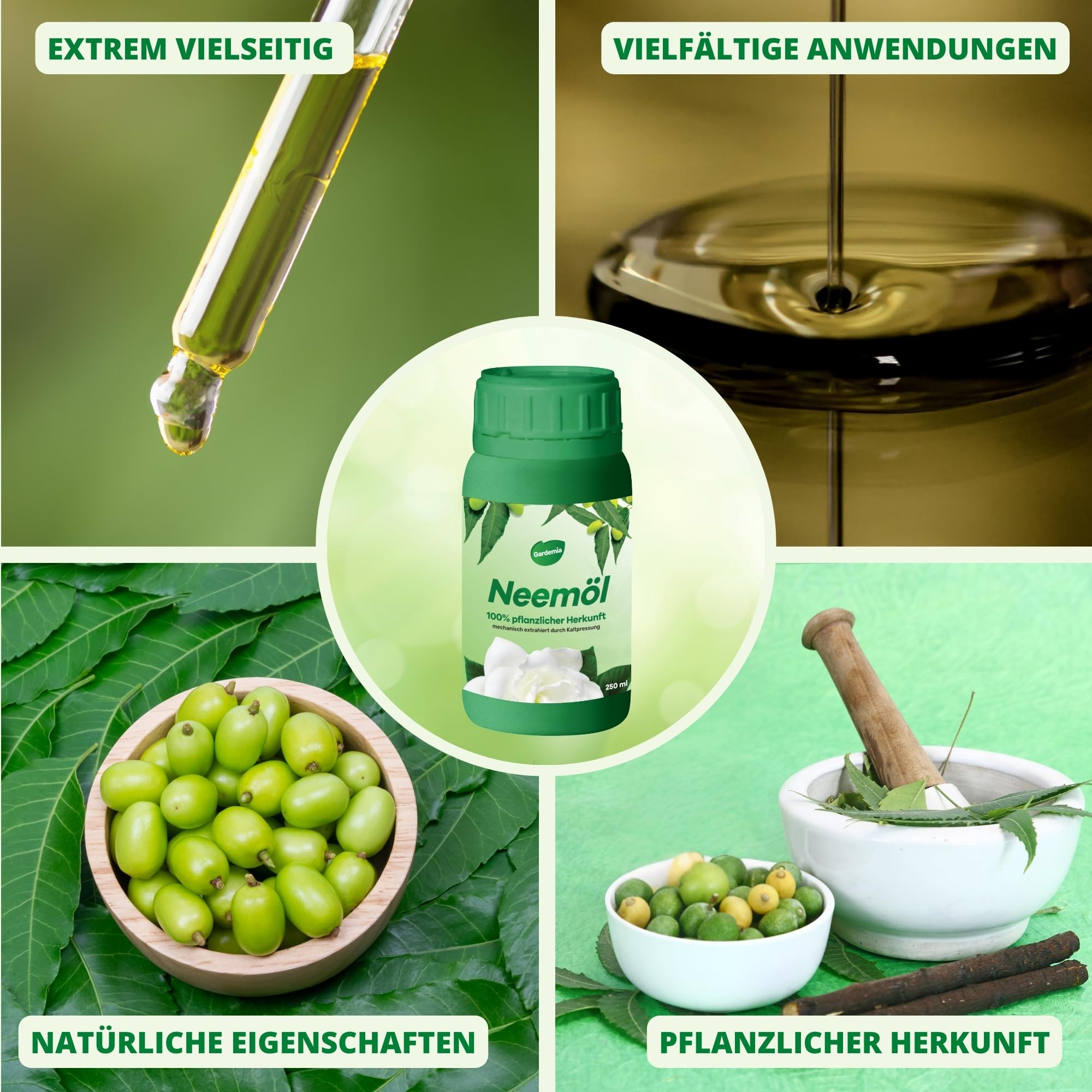 Gardemia Neemöl mit Emulgator 250ml mit Wasser mischbar 100% pflanzlichen Ursprungs mechanisch durch Kaltpressung der Früchte des Neembaums extrahiert