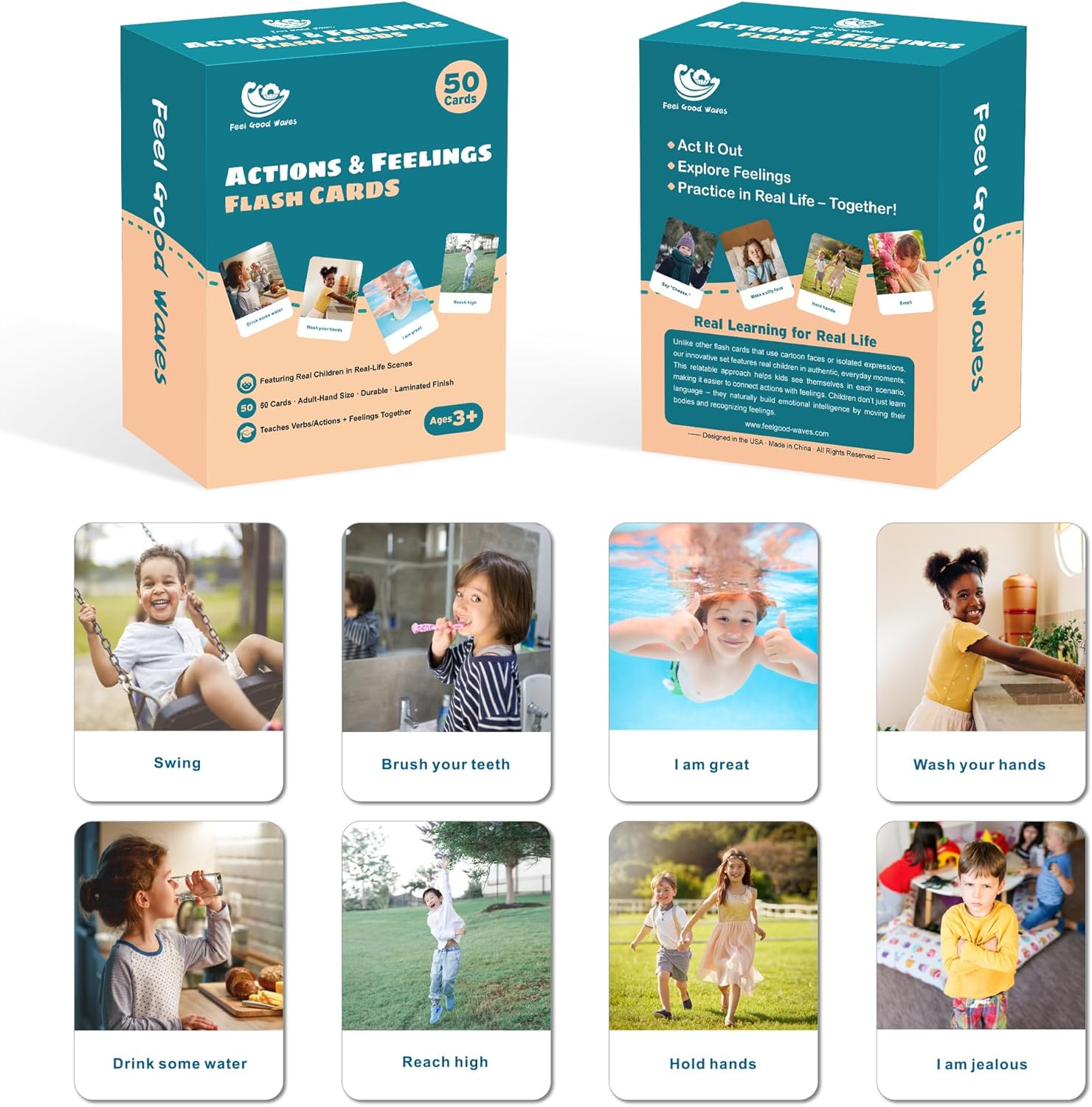 Actions Flash Cards for Kids (Ages 3-7), 50 Real-Life Photo Cards for Speech & Language Development, Based on Total Physical Response (TPR) Learning Approach, Support Daily Feelings