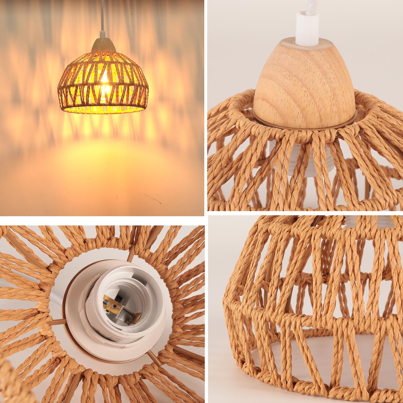iDEGU Lampa wisząca vintage 3-żarówkowa żyrandol z drewna i rattanu, abażur 20 cm, E27, lampa wisząca, dekoracja, retro, do jadalni, sypialni, salonu, kuchni (brązowa, belka)