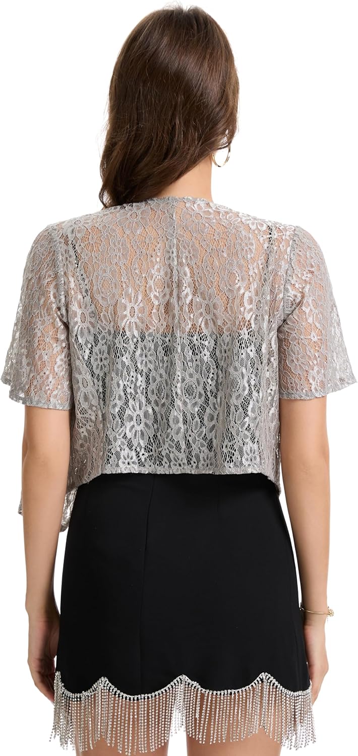 Front Open Shrug for Evening Dresses Lightweight Lace Women Sheer Short Sleeve Tops Wedding Bridal Cardigan - Image 6