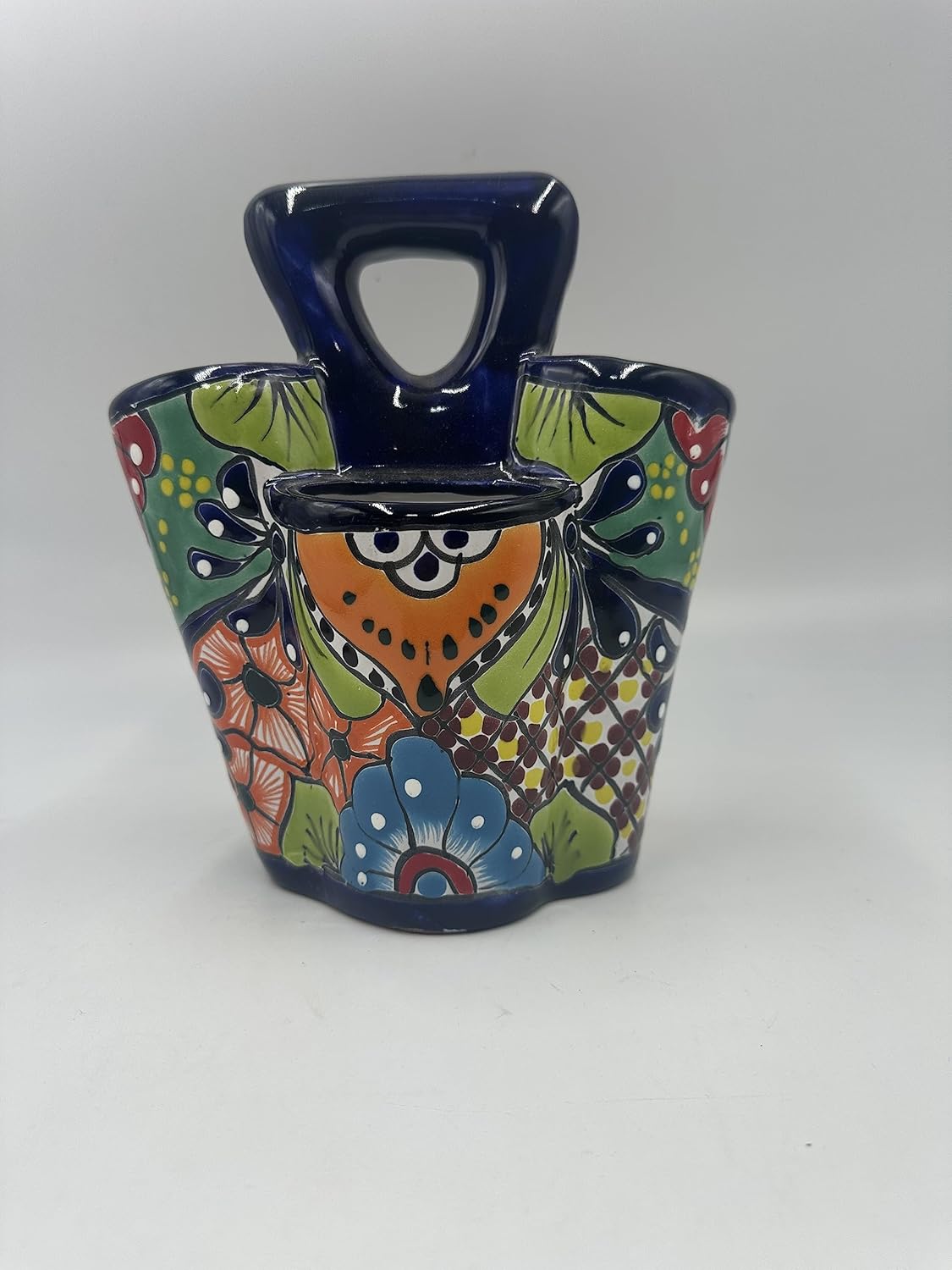 Generic Mexican Artisans Talavera Multicolor Ceramic Utensil Holder with 4 Compartments - Unique and Authentic Mexican Artwork, Colorful Kitchen Utensil Storage Pottery