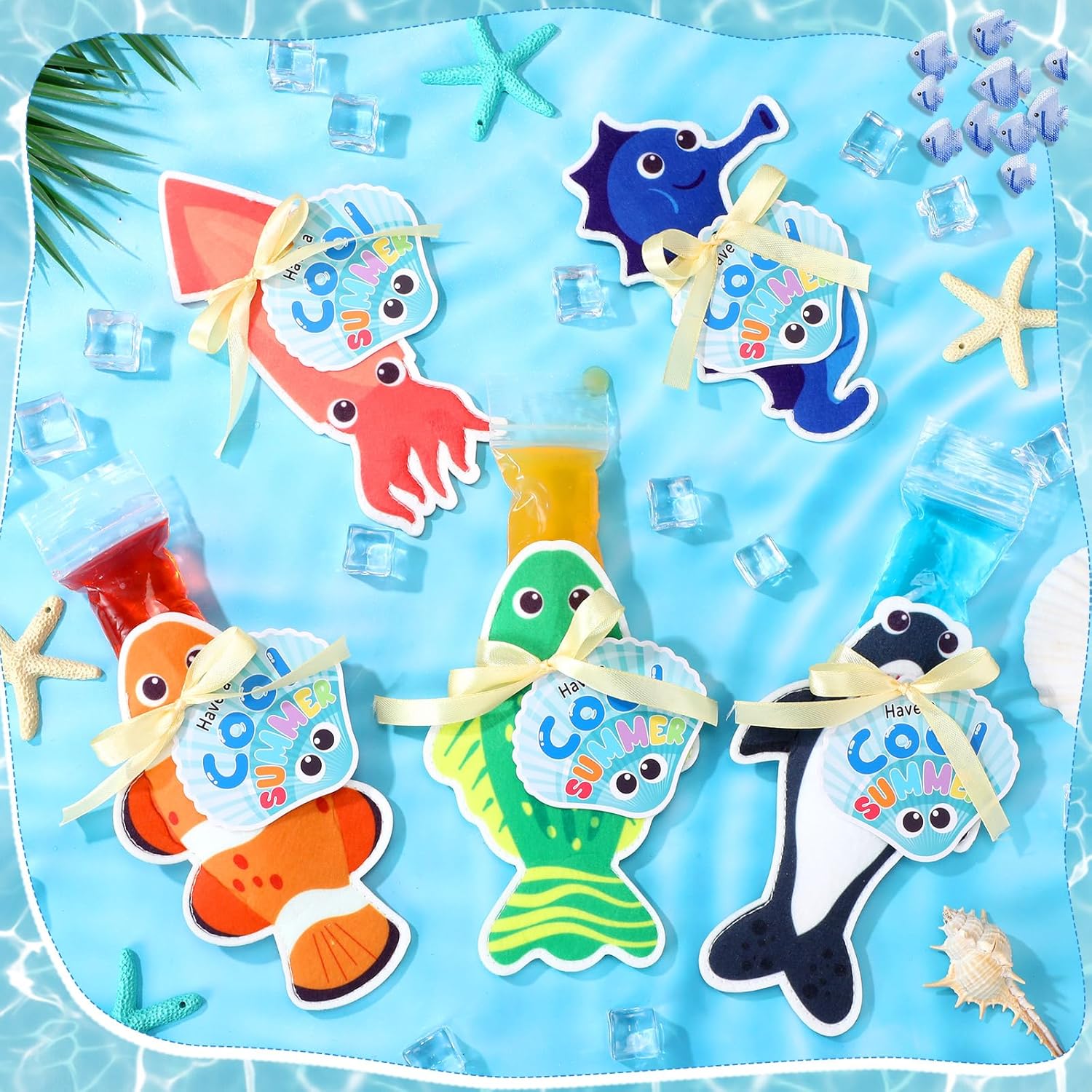 25 Set End of Year Gifts Ice Pop Holder Bulk Felt Freeze Pop Sleeves Bags Cool Summer Cards with Ribbon for Graduation Ice Cream Pool Birthday Party Favor(Sea Animal)