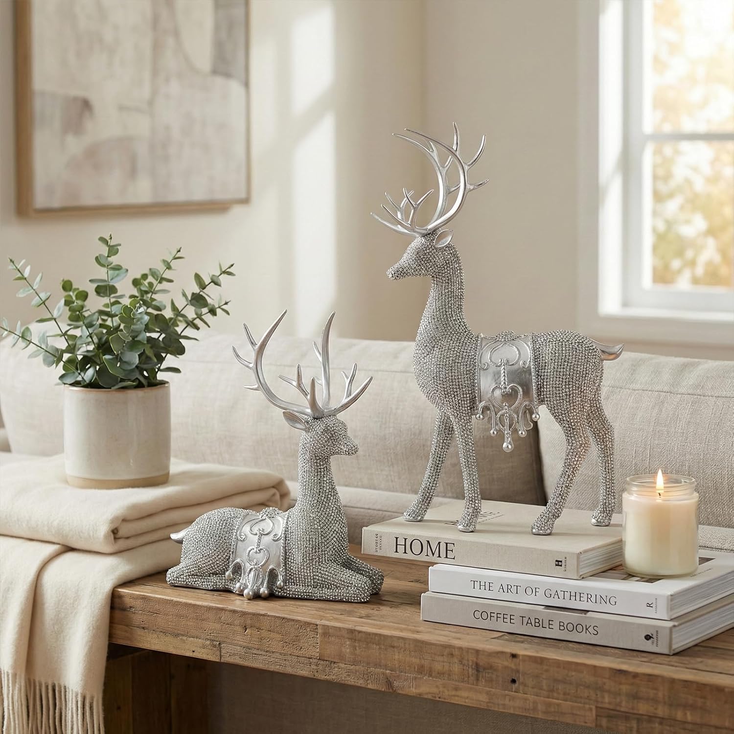 Set of 2 Modern Deer Statues for Home Decor, Handcrafted Resin Elk Sculptures with Intricate Beaded Texture, Elegant Animal Figurines for Living Room, Bookshelf, Office & Housewarming Gift