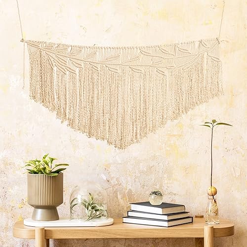 Gentle Crafts Tapiz de macramé para colgar en la pared de 40 x 20 pulgadas, tejido artesanal, de algodón, bohemio, hecho a mano, decoración única de