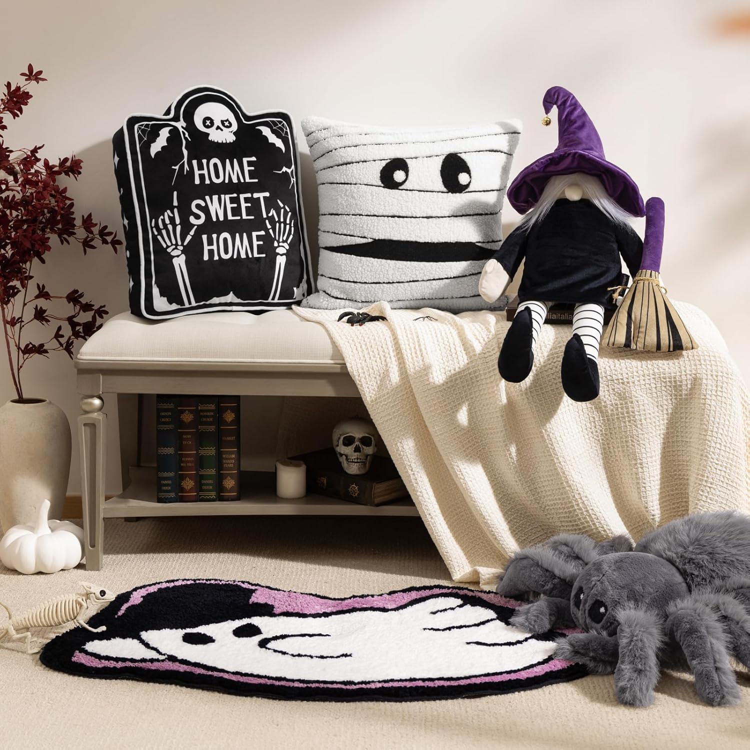 Phantoscope Happy Halloween Shaped Throw Pillow, Ghost Pillow with Witch Hat, Witch Shaped Pillow with Bell Soft Velvet 3D Halloween Throw Pillow for Couch, Purple, 28 x 14 inch