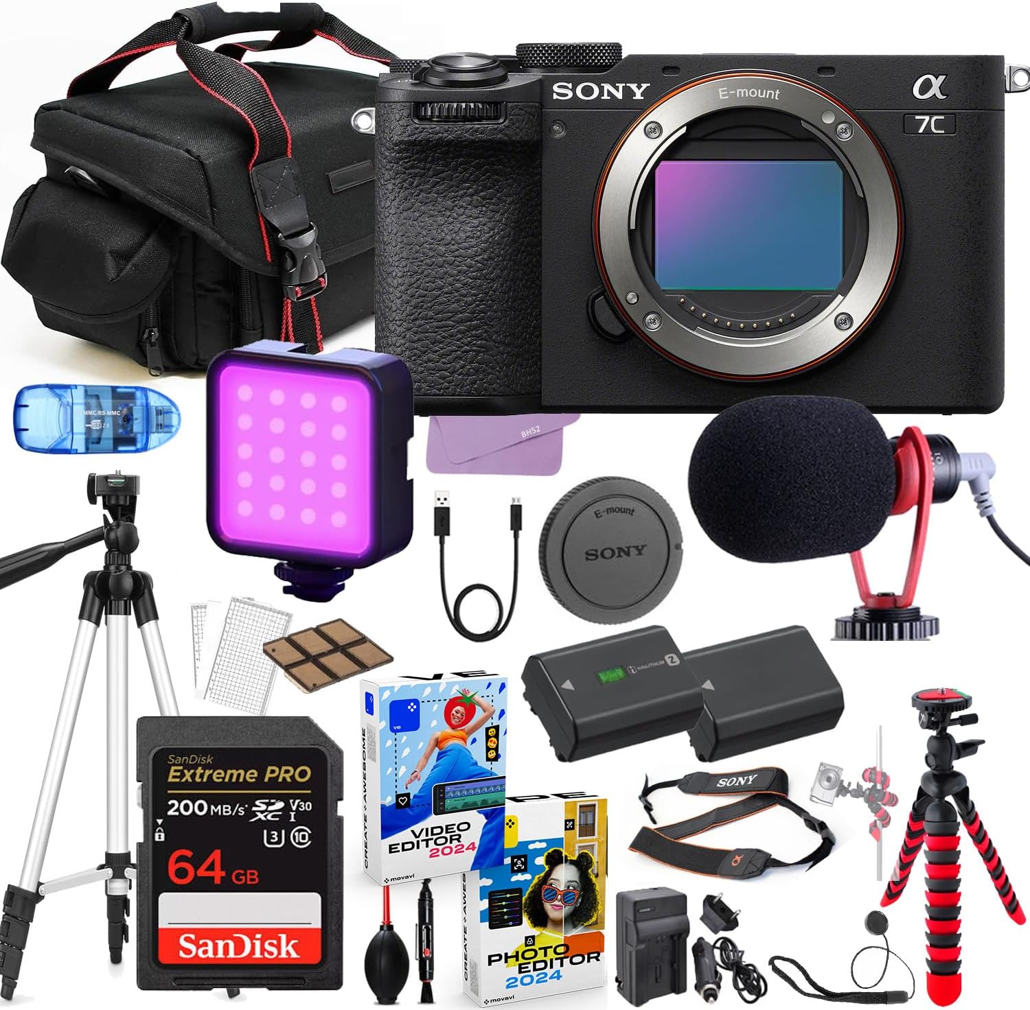 Sony a7C II Mirrorless Camera Body Only (Black) Bundle + Premium Accessory Package Including 64GB Extreme Memory, Case, Microphone, LED Light, Photo-Video Software & More (23 Pieces)