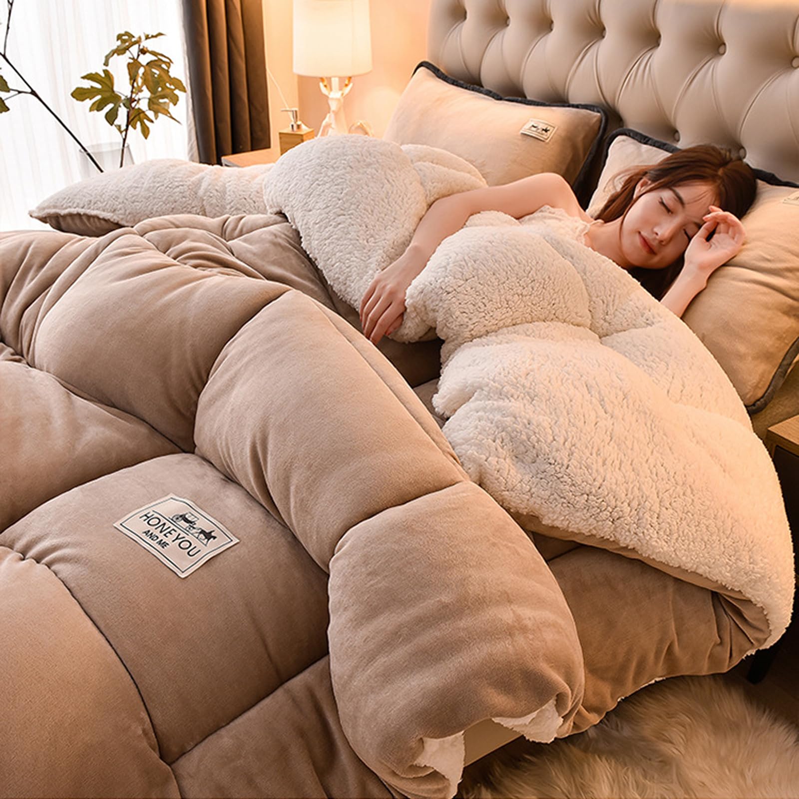 TUCVZVO Edredón Nórdico, Franela Y Borreguito, Invierno Colcha Cordero Cachemira Manta Edredón Cama 135/150,Cálida Y Suave, Transpirable Y Cálido.,Beige,200x230cm(4kg)