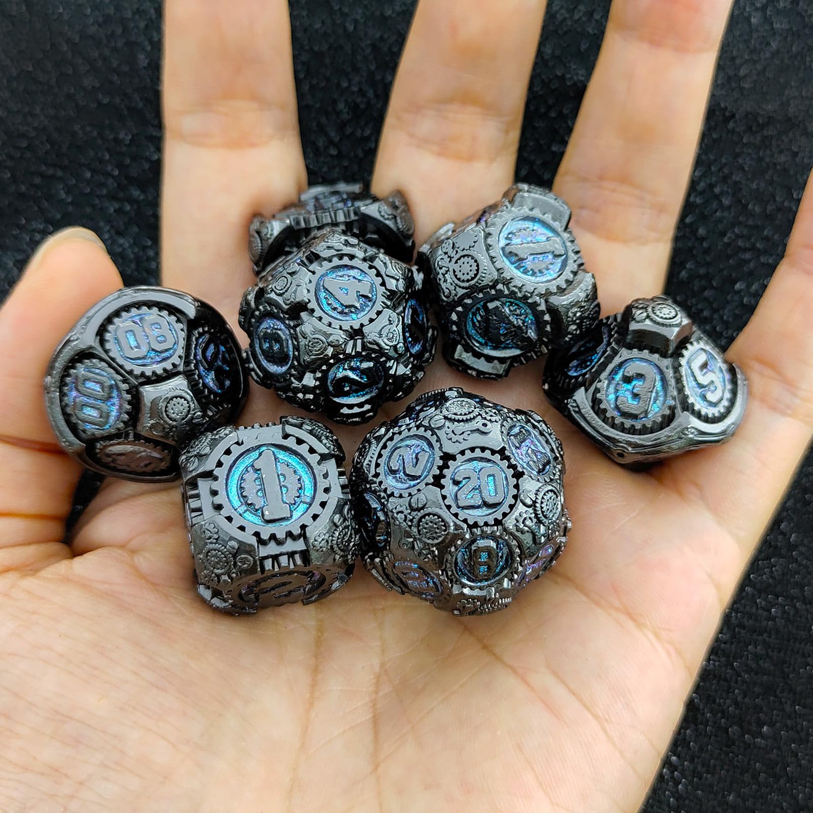 Geakeeper Construct D&D Lot de 7 dés DND en métal, dés D&D polyédriques métalliques avec étui cadeau pour jeux de rôle Donjons et Dragons, jeu de rôle (bleu roulant)