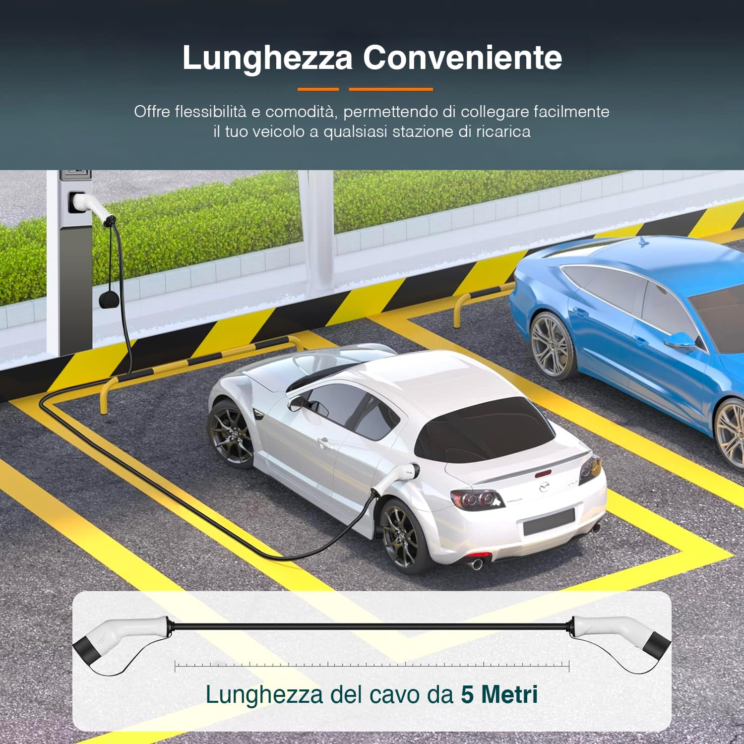 Avilia Cavo di Ricarica per Auto e Veicoli Elettrici di Tipo 2 con Custodia Protettiva con Cerniera - Compatibile con Stazioni di Ricarica Pubbliche e Domestiche, 22kW, 5 Metri