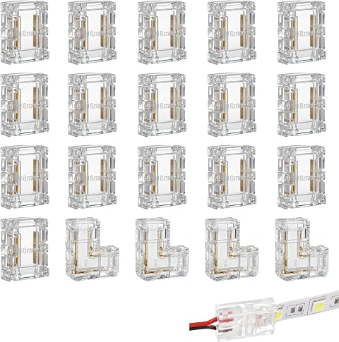 20 Conectores COB Tira LED 2 Pines 8mm de Ancho, 4 Conectores en Forma de L y 16 Conectores Rectos, Conectores de Tiras LED Transparentes y sin Soldadura, para Tiras COB SMD 12V/24V